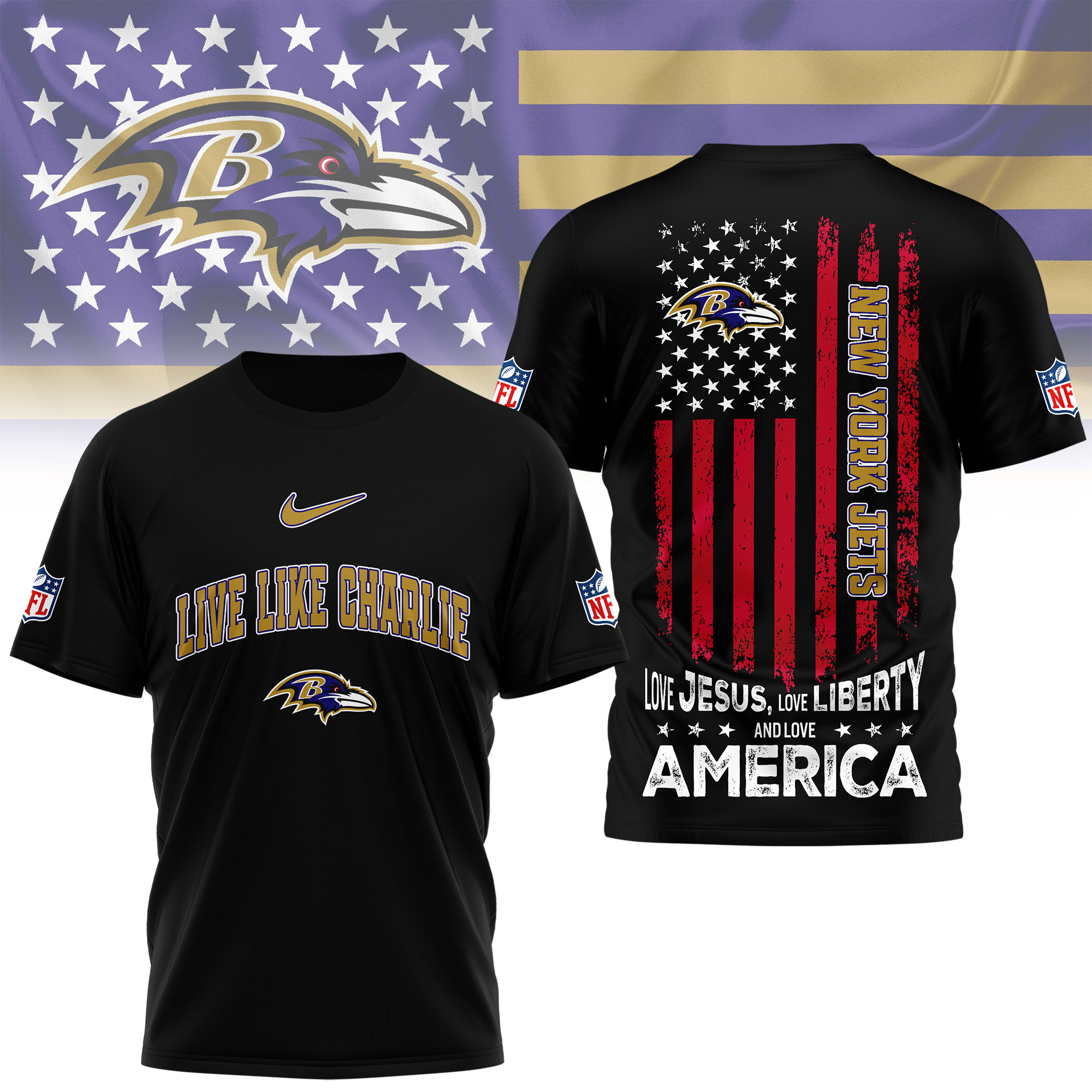 Baltimore Ravens | Premium Live Like Charlie Patriotic 3D Shirt - Image 2