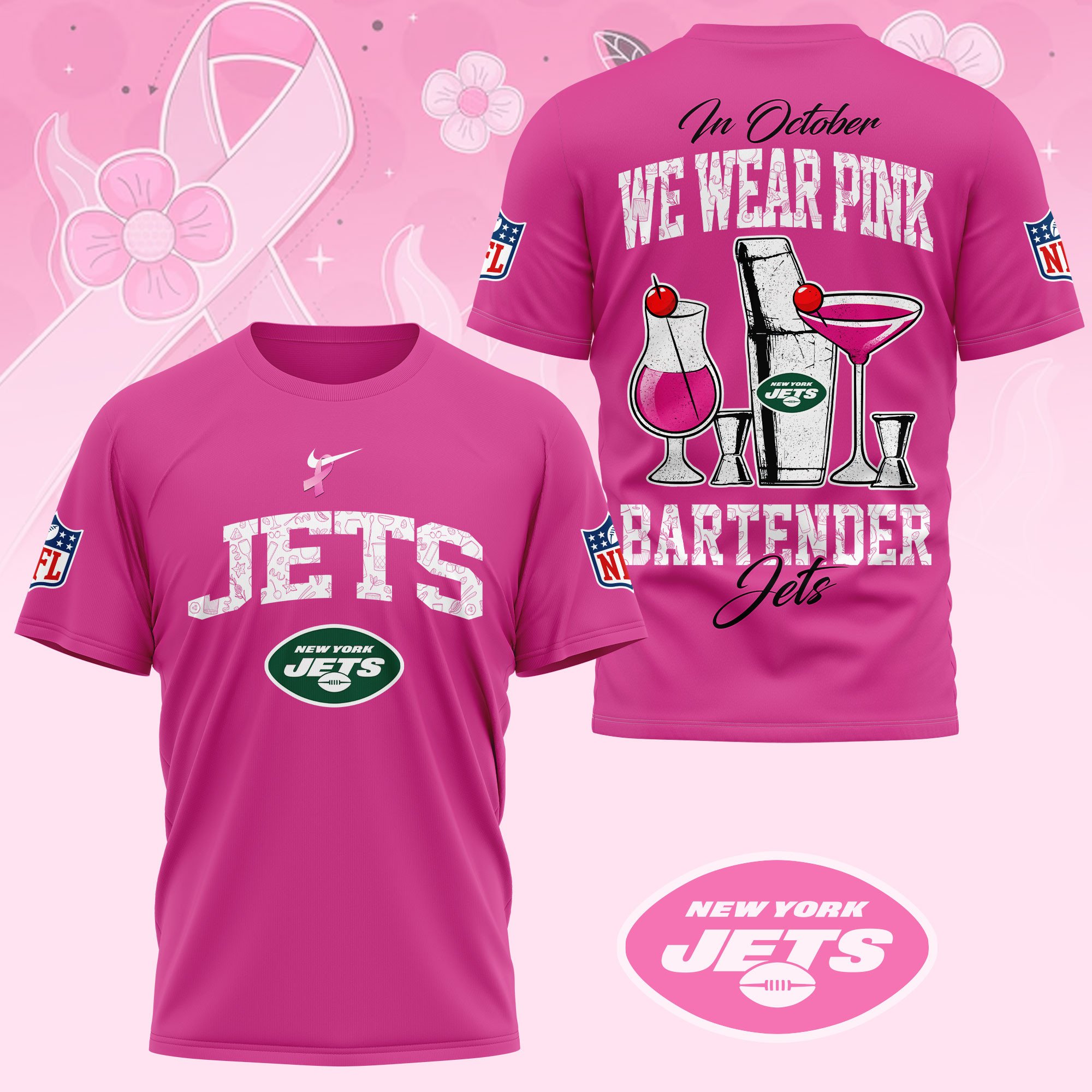 New York Jets |Premium NFL Bartender October Breast Cancer Awareness 3D Shirt