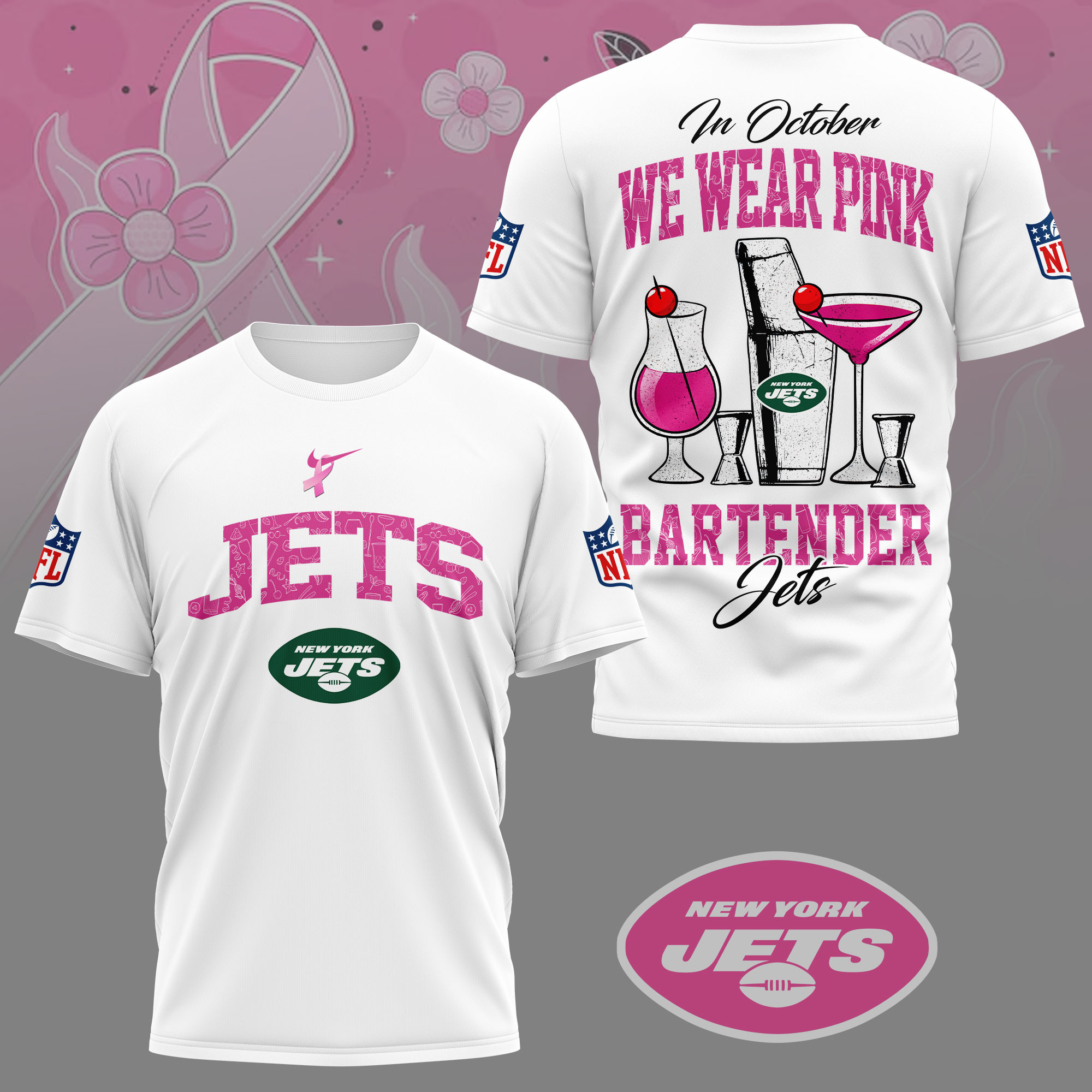 New York Jets |Premium NFL Bartender October Breast Cancer Awareness 3D Shirt - Image 2