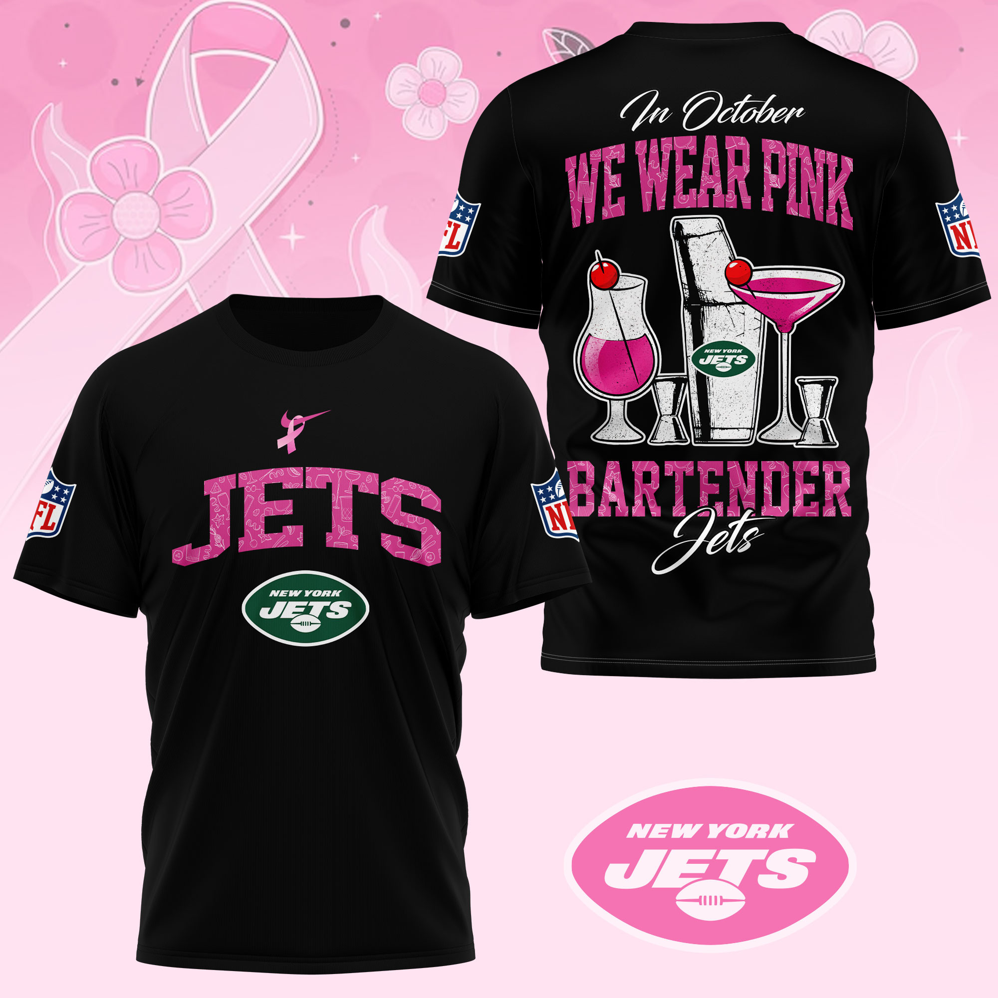 New York Jets |Premium NFL Bartender October Breast Cancer Awareness 3D Shirt - Image 3