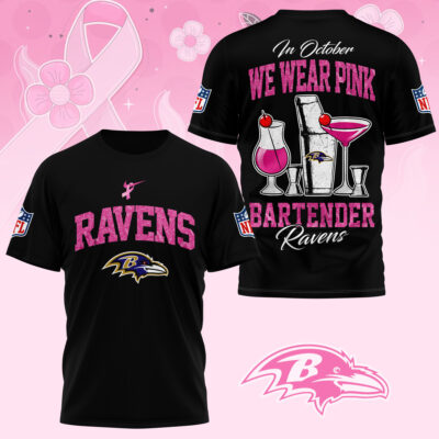 Baltimore Ravens |Premium NFL Bartender October Breast Cancer Awareness 3D Shirt