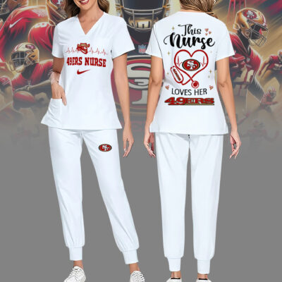 San Francisco 49ers | Premium NFL Nurse Appreciation Stretch V-Neck Scrub Top And Jogger Pant