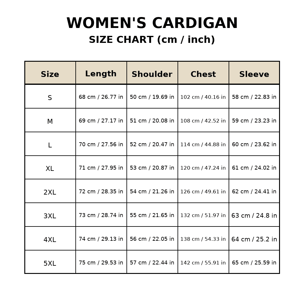 Women's cardigan size chart