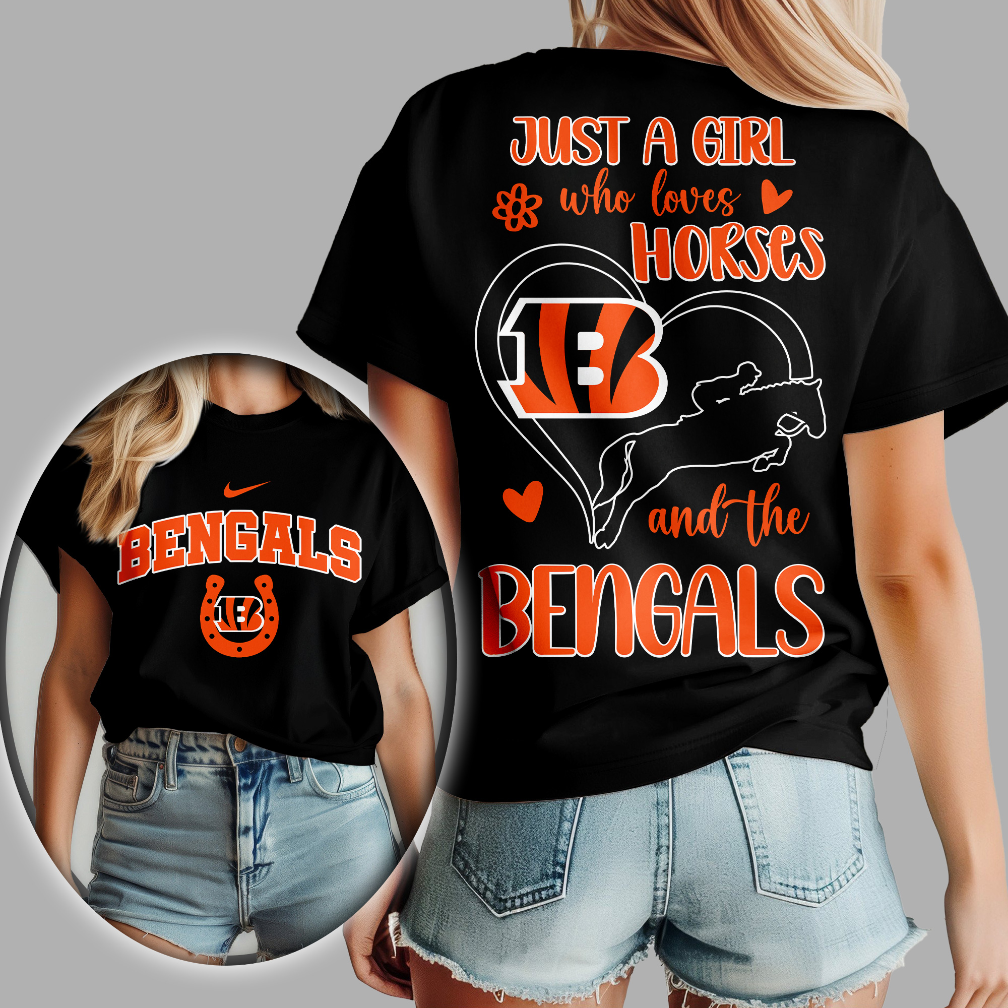 Cincinnati Bengals | Premium NFL Just A Girl Who Loves Horses Women Shirt - Image 2