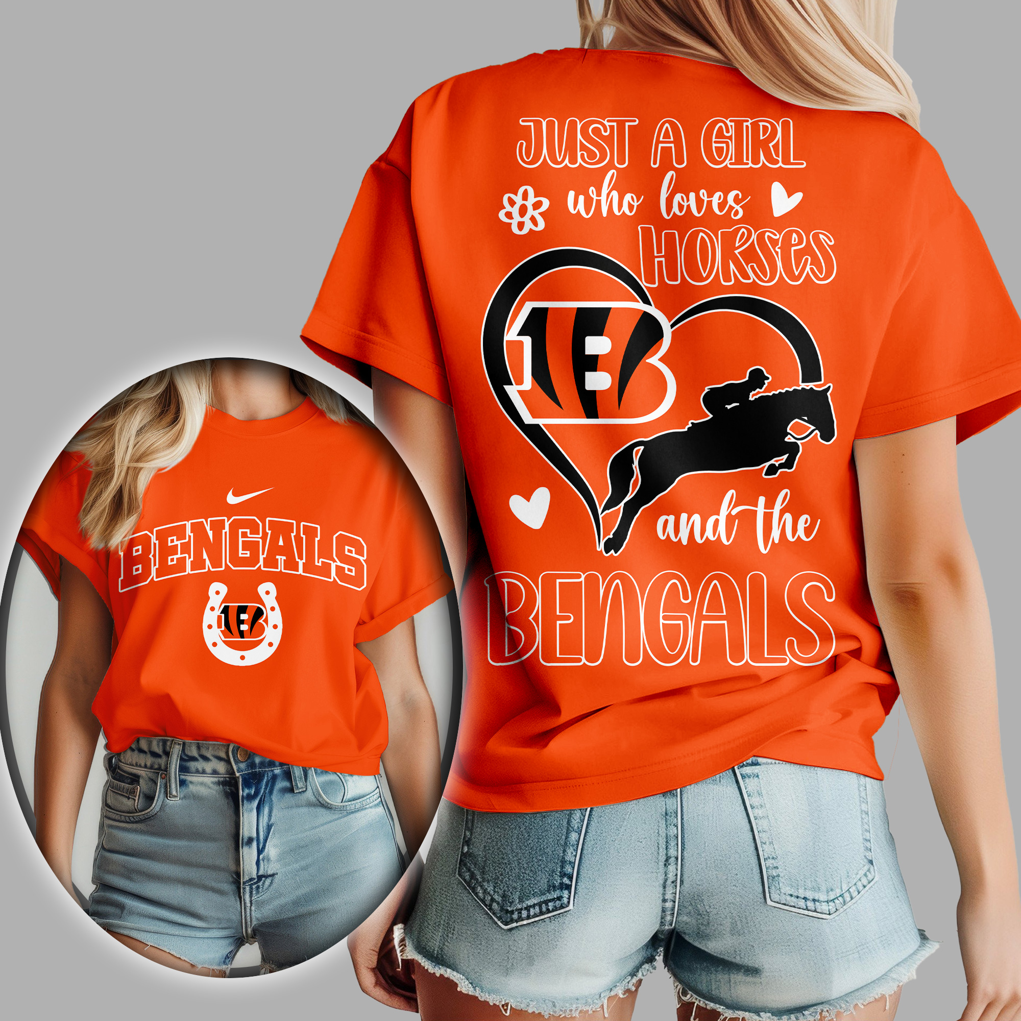 Cincinnati Bengals | Premium NFL Just A Girl Who Loves Horses Women Shirt - Image 3
