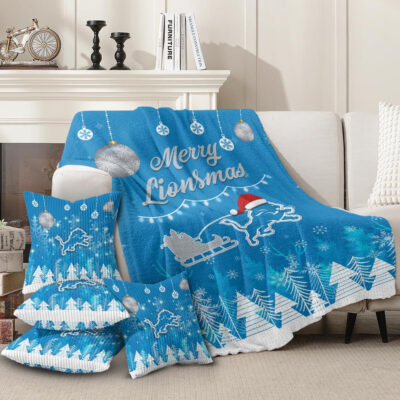 Detroit Lions | Premium Christmas Fleece Blanket & Throw Pillow Combo