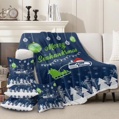 Seattle Seahawks | Premium Christmas Fleece Blanket & Throw Pillow Combo