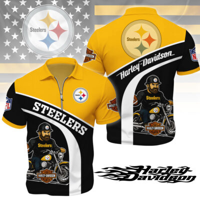 Pittsburgh Steelers | Premium NFL Harley-Davidson Polo With Zipper Shirt - 4XL