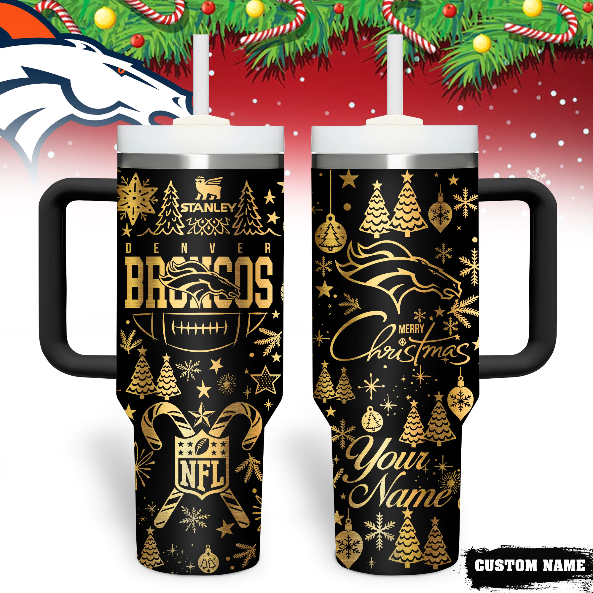 Denver Broncos | Premium NFL Personalized Holiday Gold Tumbler 40oz