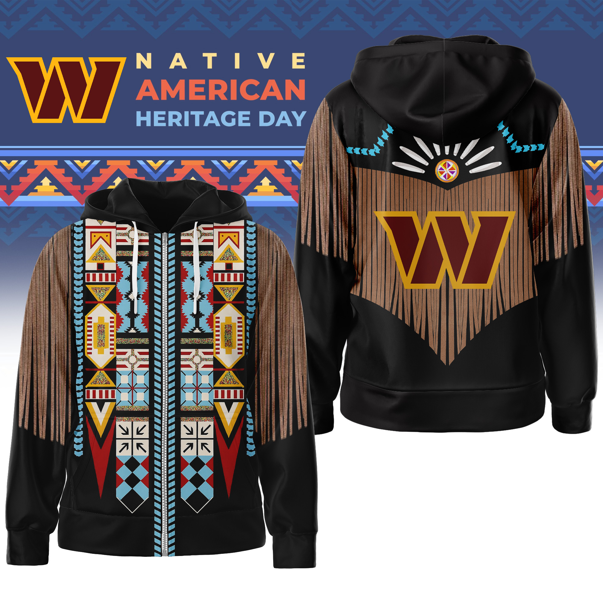 Washington Commanders | Premium NFL Native American Pattern 3D Zip Hoodie