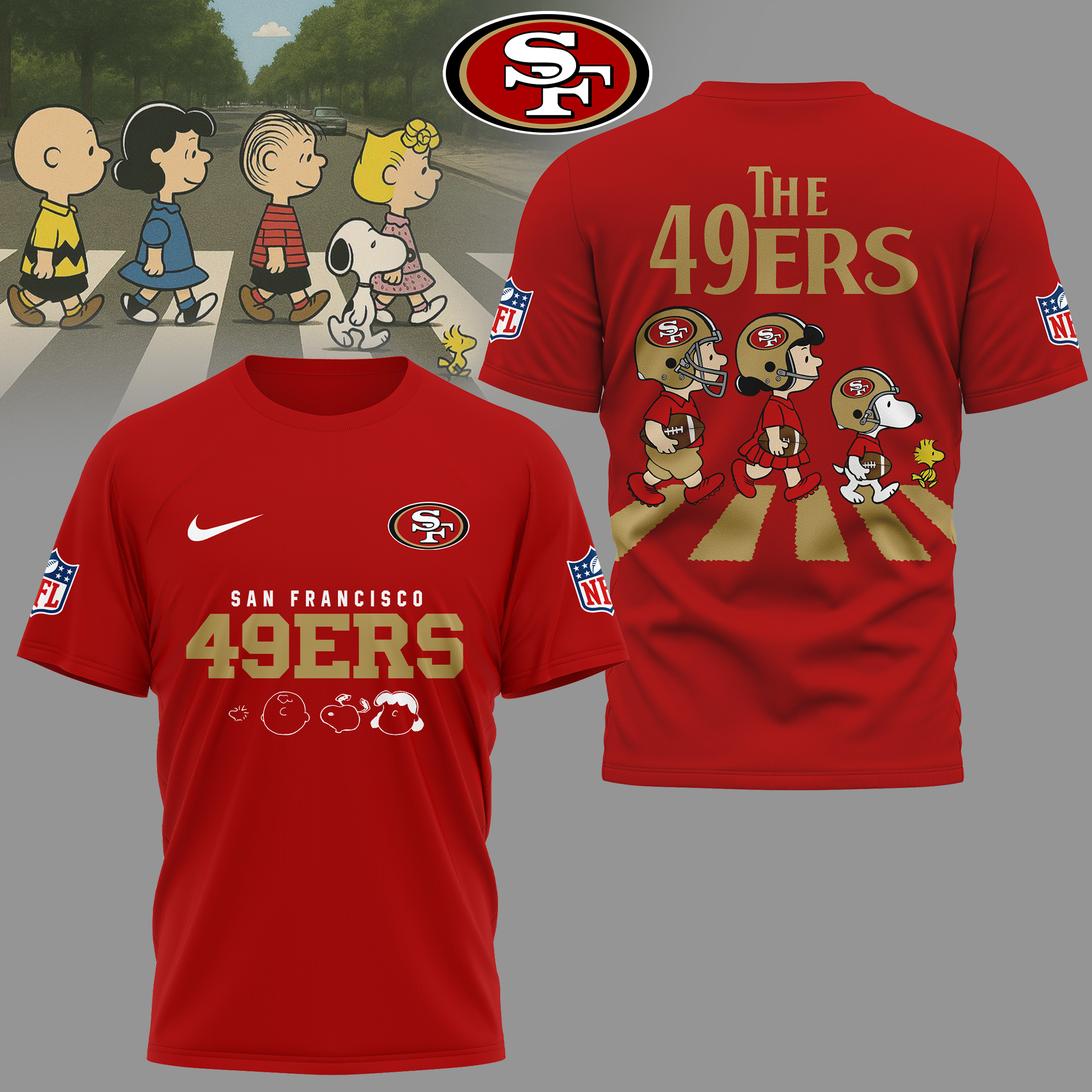 San Francisco 49ers | Premium NFL Snoopy Abbey Road 3D Shirt - Image 2