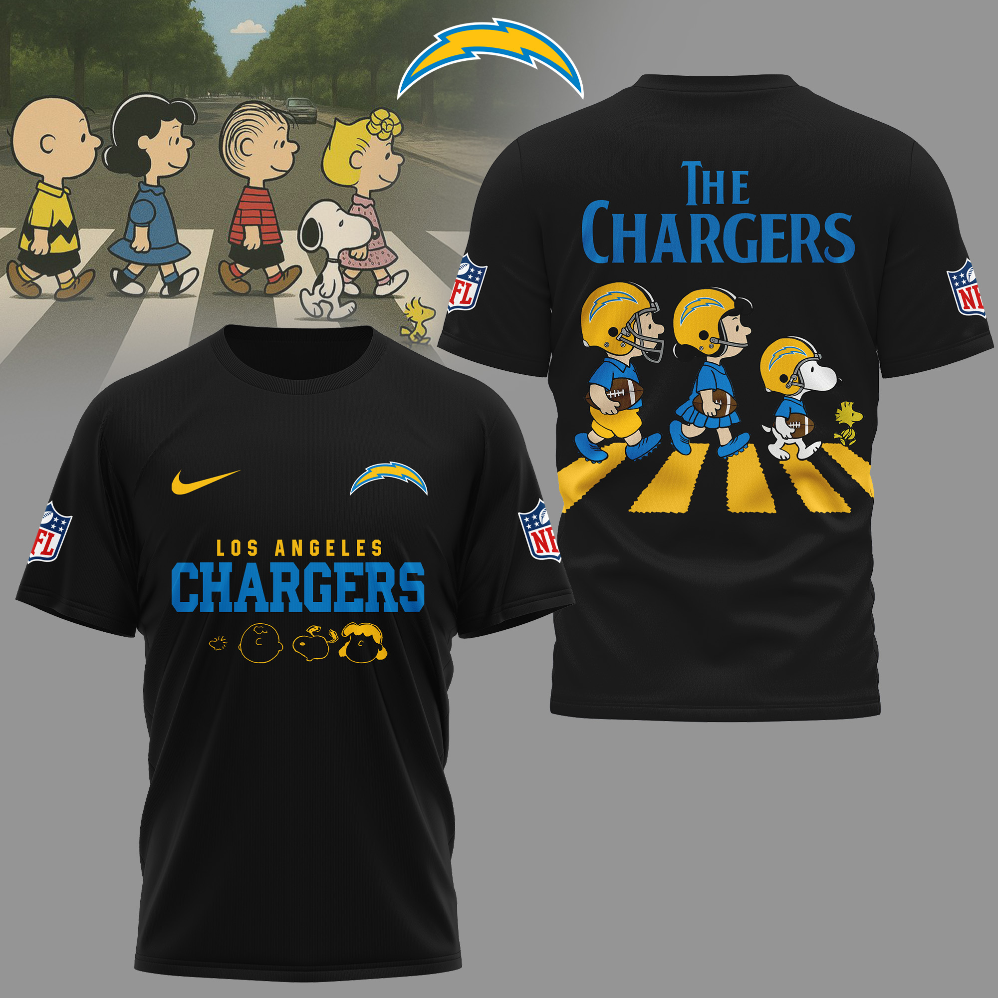 Los Angeles Chargers | Premium NFL Snoopy Abbey Road 3D Shirt - Image 2