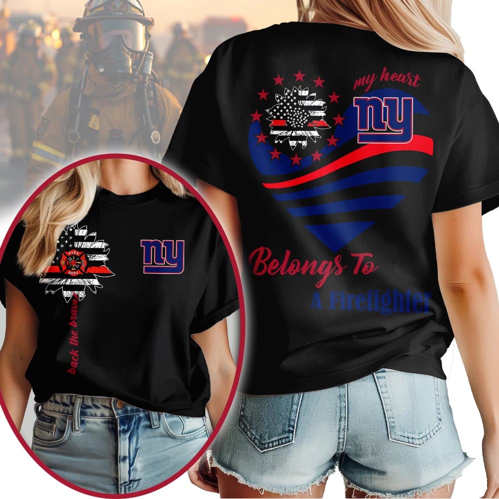 New York Giants | Premium NFL My Heart Belongs To A Firefighter T-shirt - Image 2