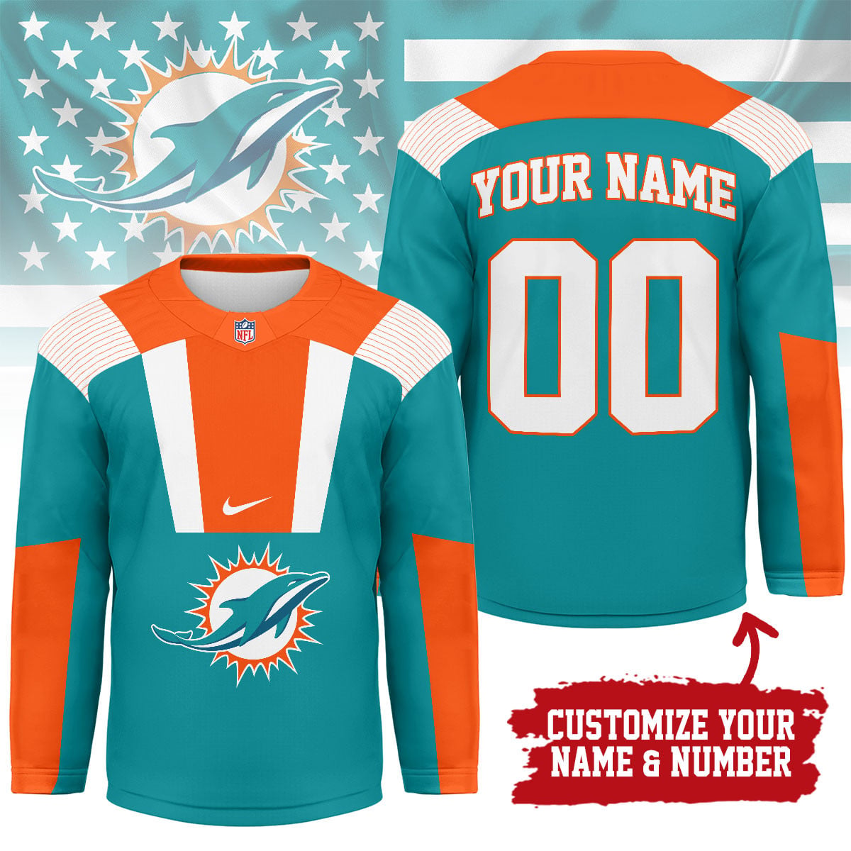 Miami Dolphins | Premium NFL Custom Name And Number Long Jersey