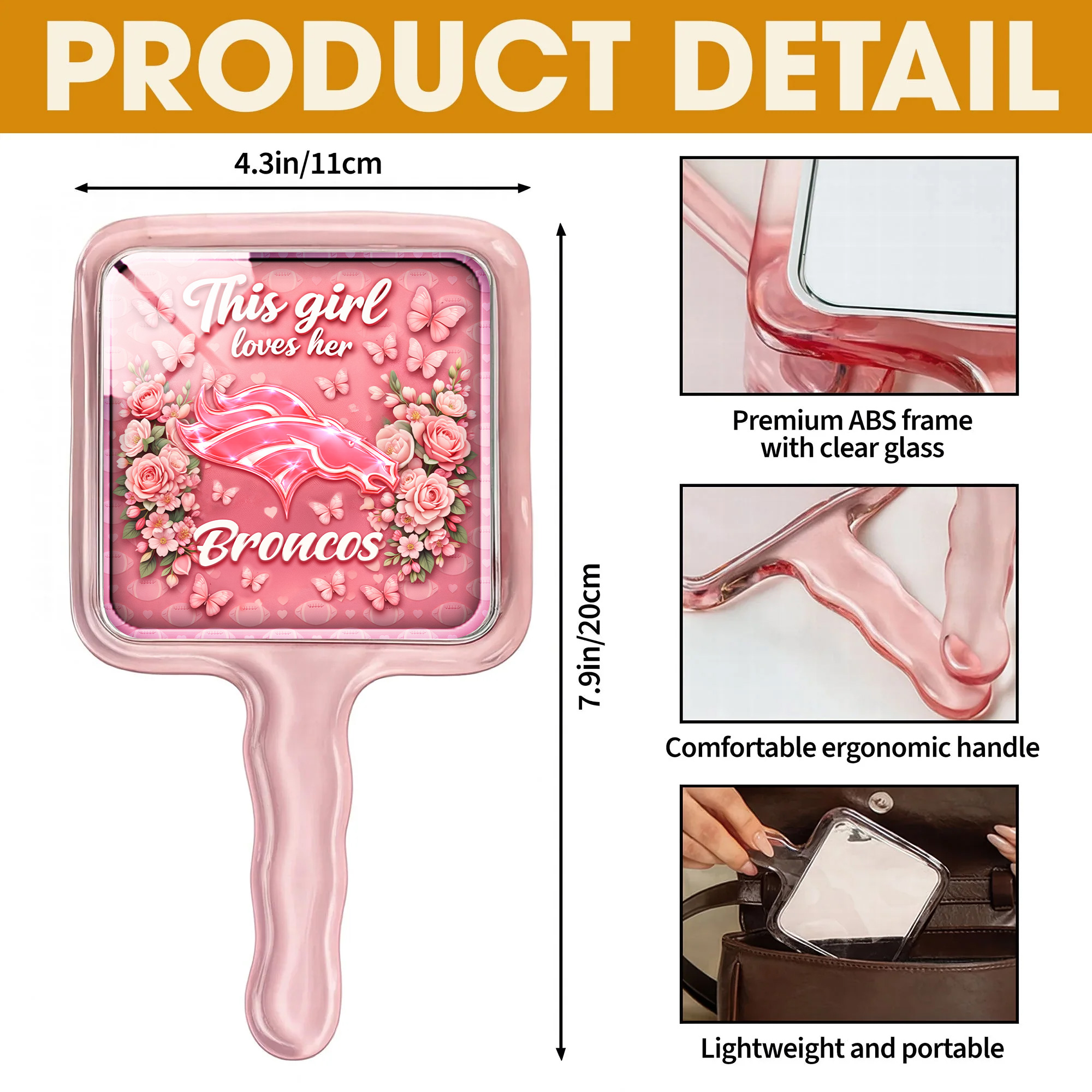 Denver Broncos | Premium NFL Butterfly Glam Handheld Mirror - Image 3