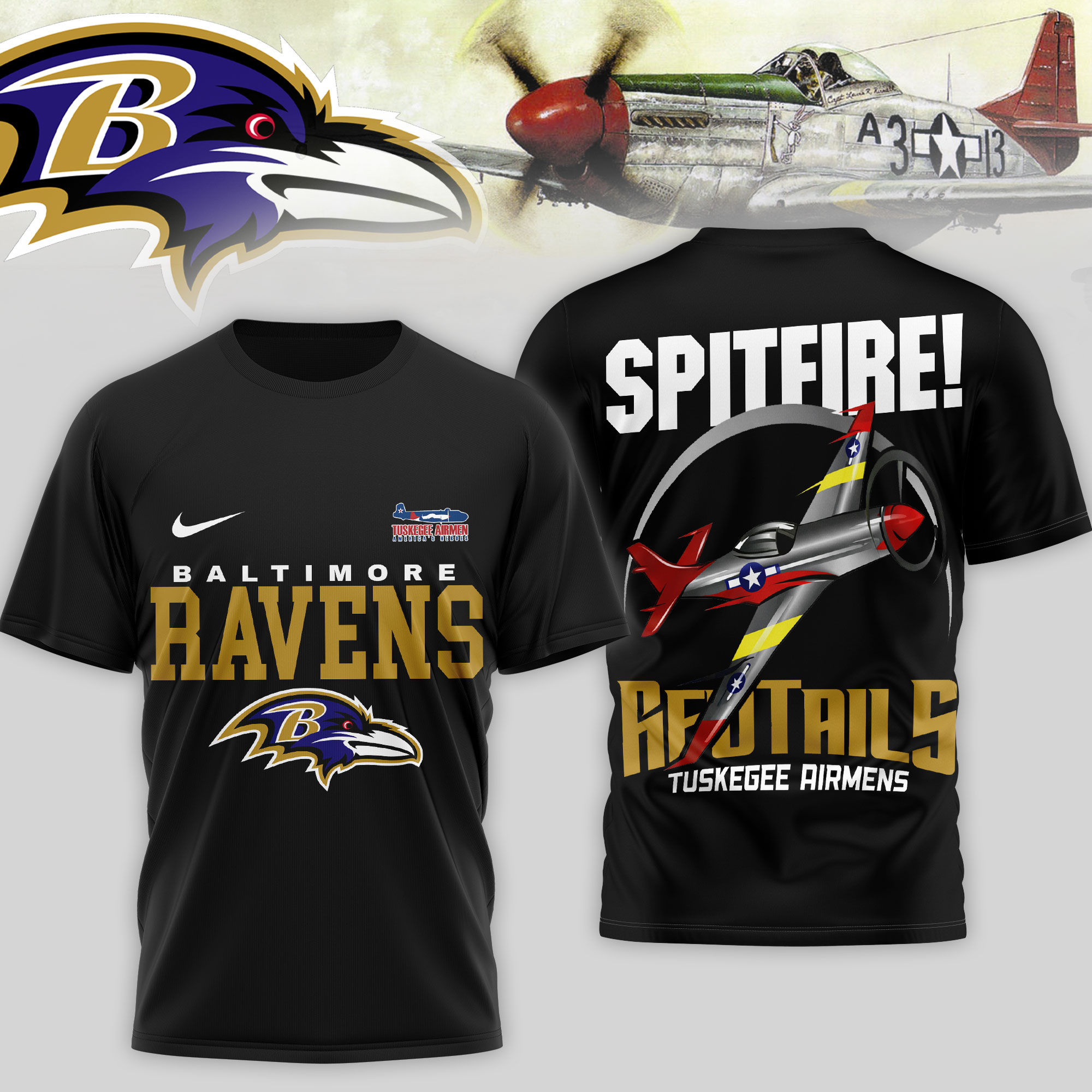 Baltimore Ravens | Premium NFL Tuskegee Airmen 3D Shirt - Image 2