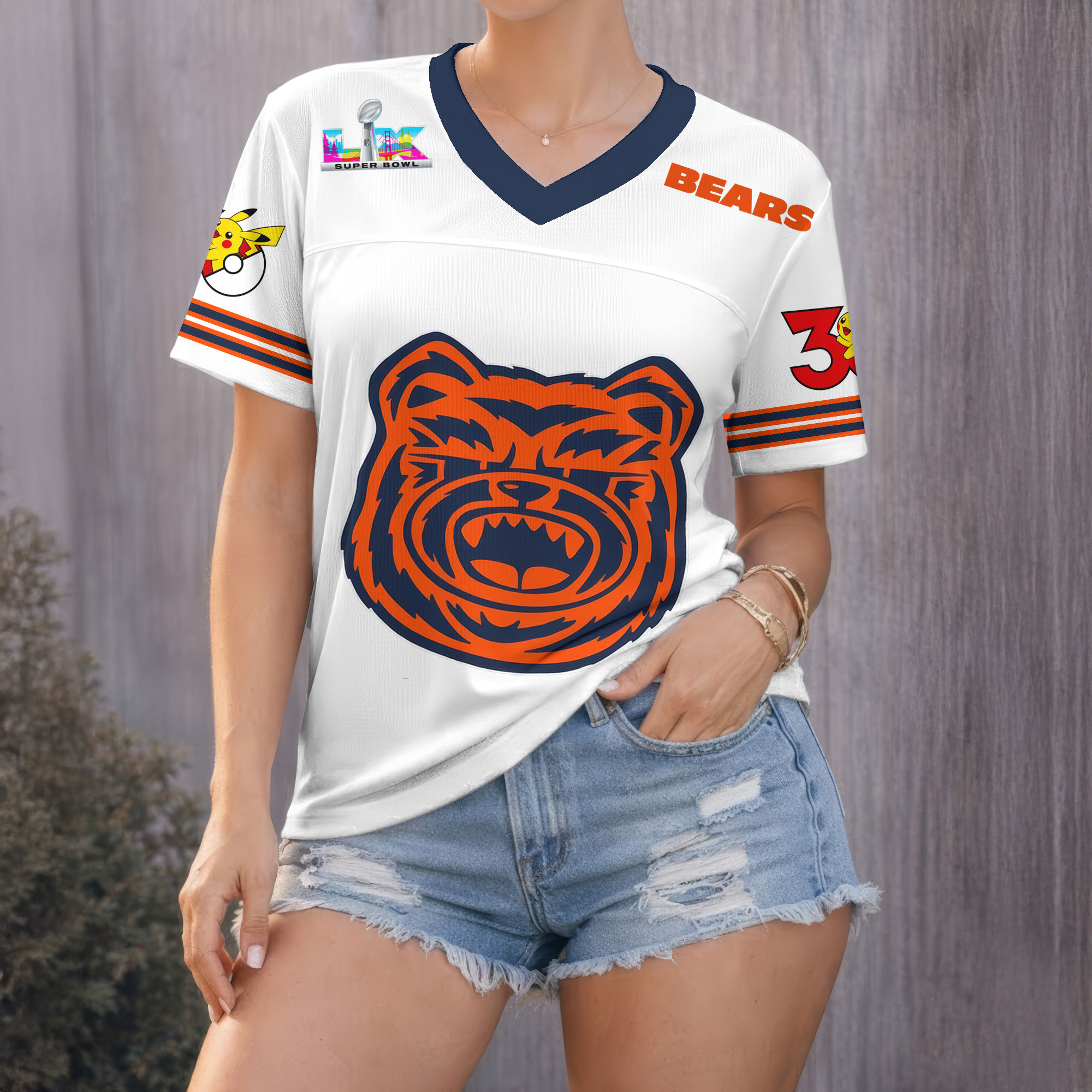 Chicago Bears | Premium Super Bowl x Pokemon 30th Anniversary V-neck Baseball Jersey HY - Image 2