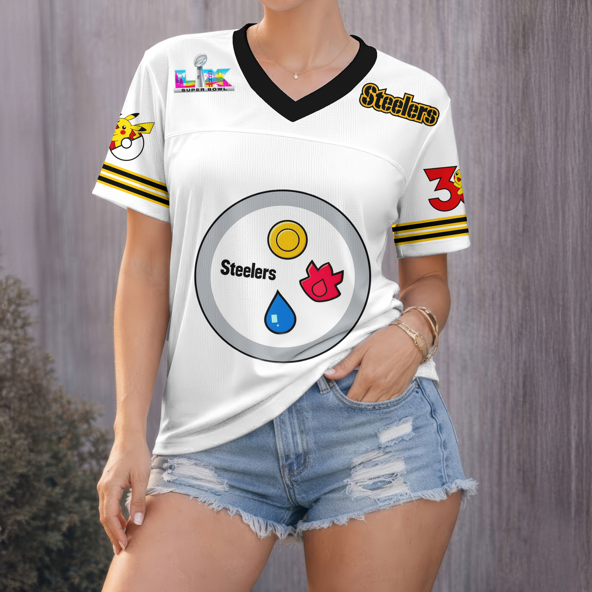 Pittsburgh Steelers | Premium Super Bowl x Pokemon 30th Anniversary V-neck Baseball Jersey HY - Image 2