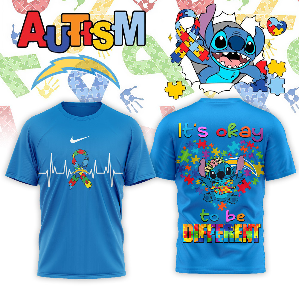 Los Angeles Chargers | Premium NFL Stitch X Autism Awareness Fan 3D Shirt - Image 3
