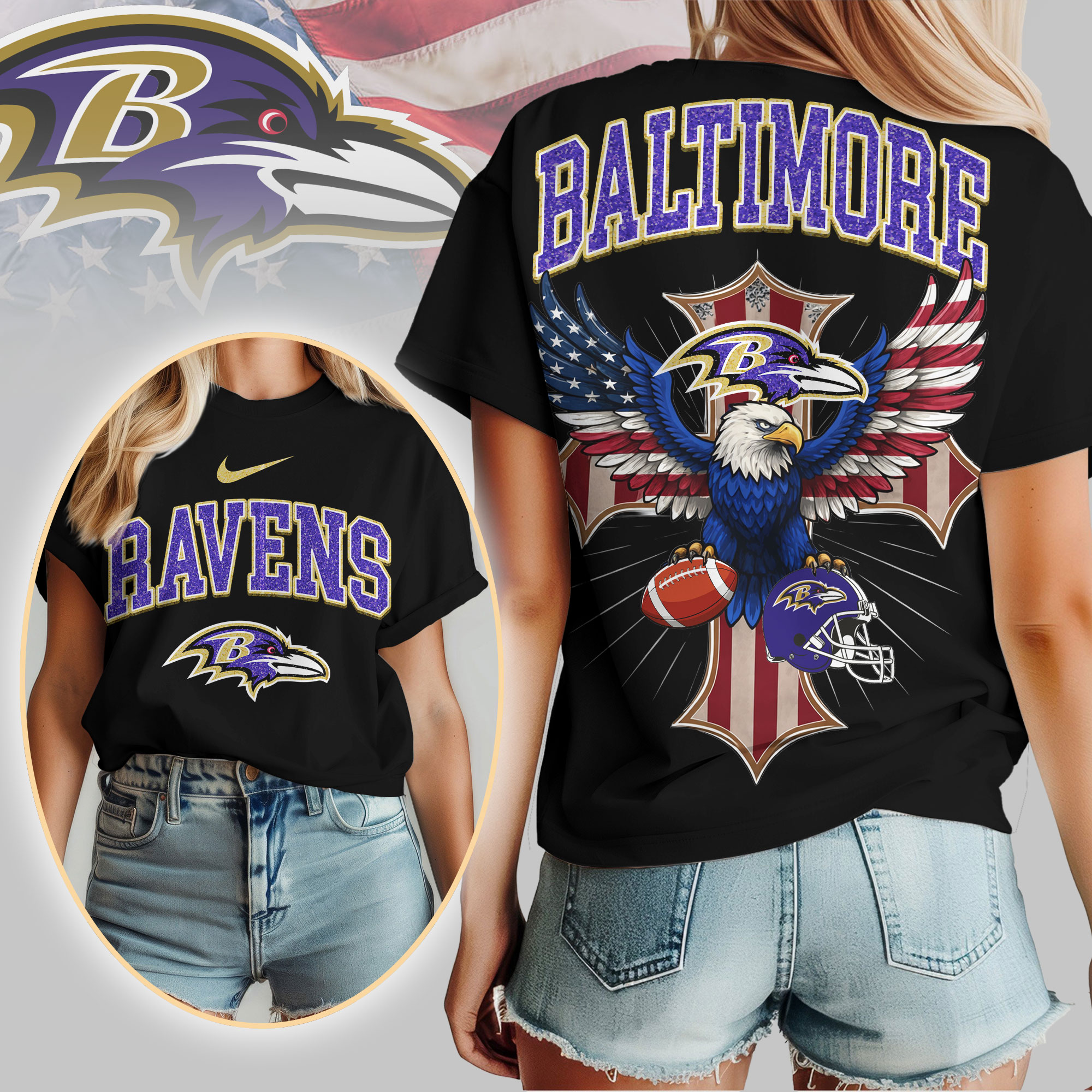 Baltimore Ravens | Premium NFL Freedom Eagle Women Shirt - Image 2