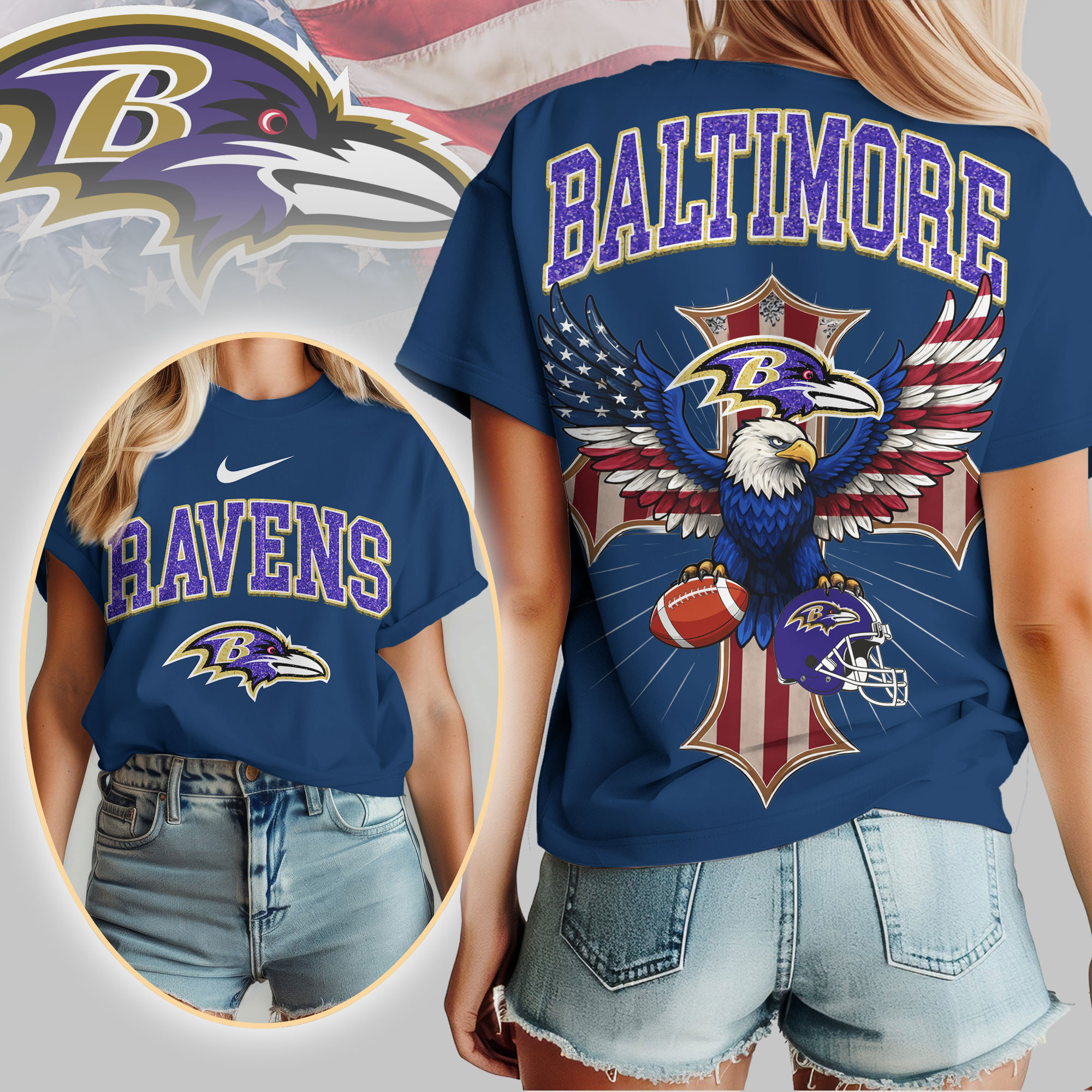 Baltimore Ravens | Premium NFL Freedom Eagle Women Shirt - Image 3