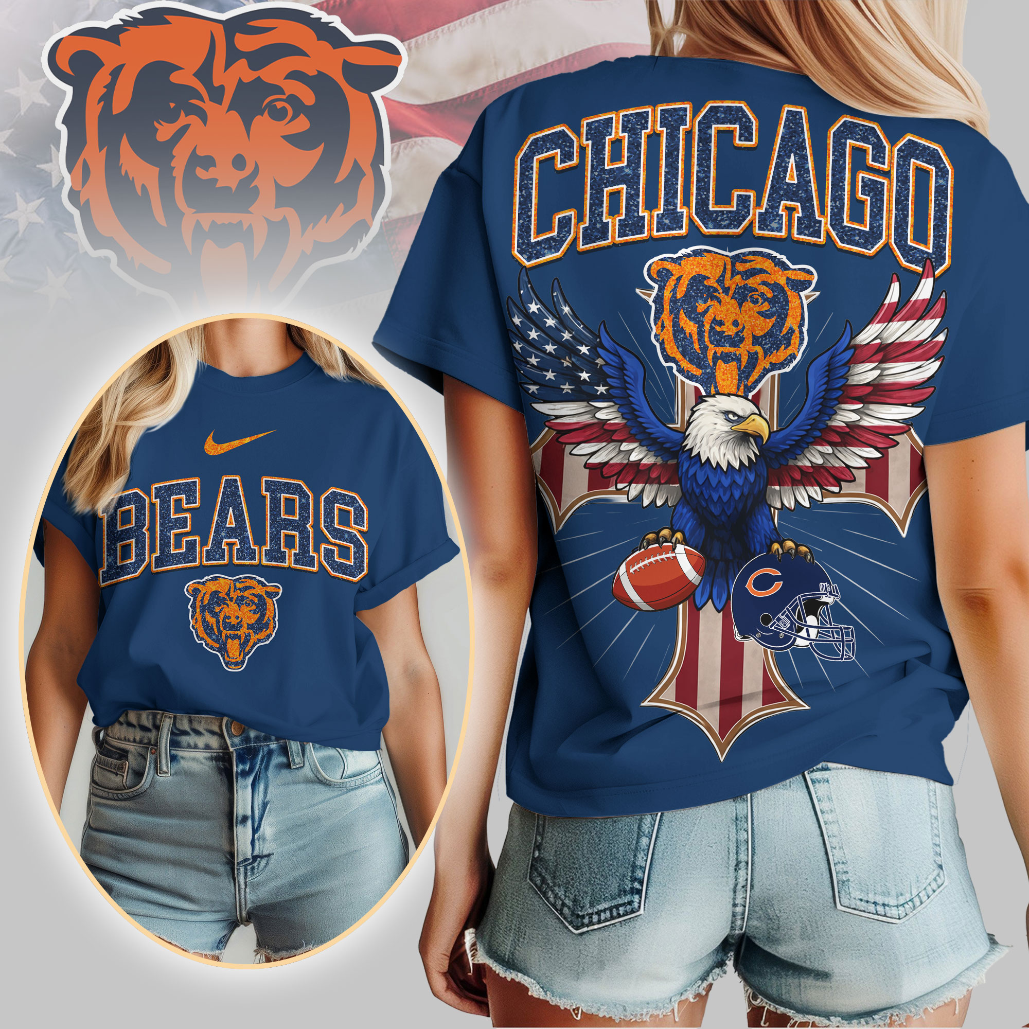 Chicago Bears | Premium NFL Freedom Eagle Women Shirt - Image 3