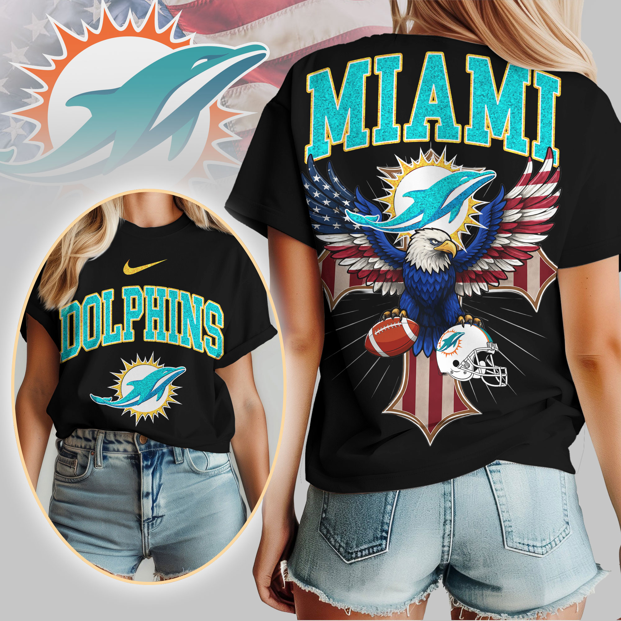 Miami Dolphins | Premium NFL Freedom Eagle Women Shirt - Image 2