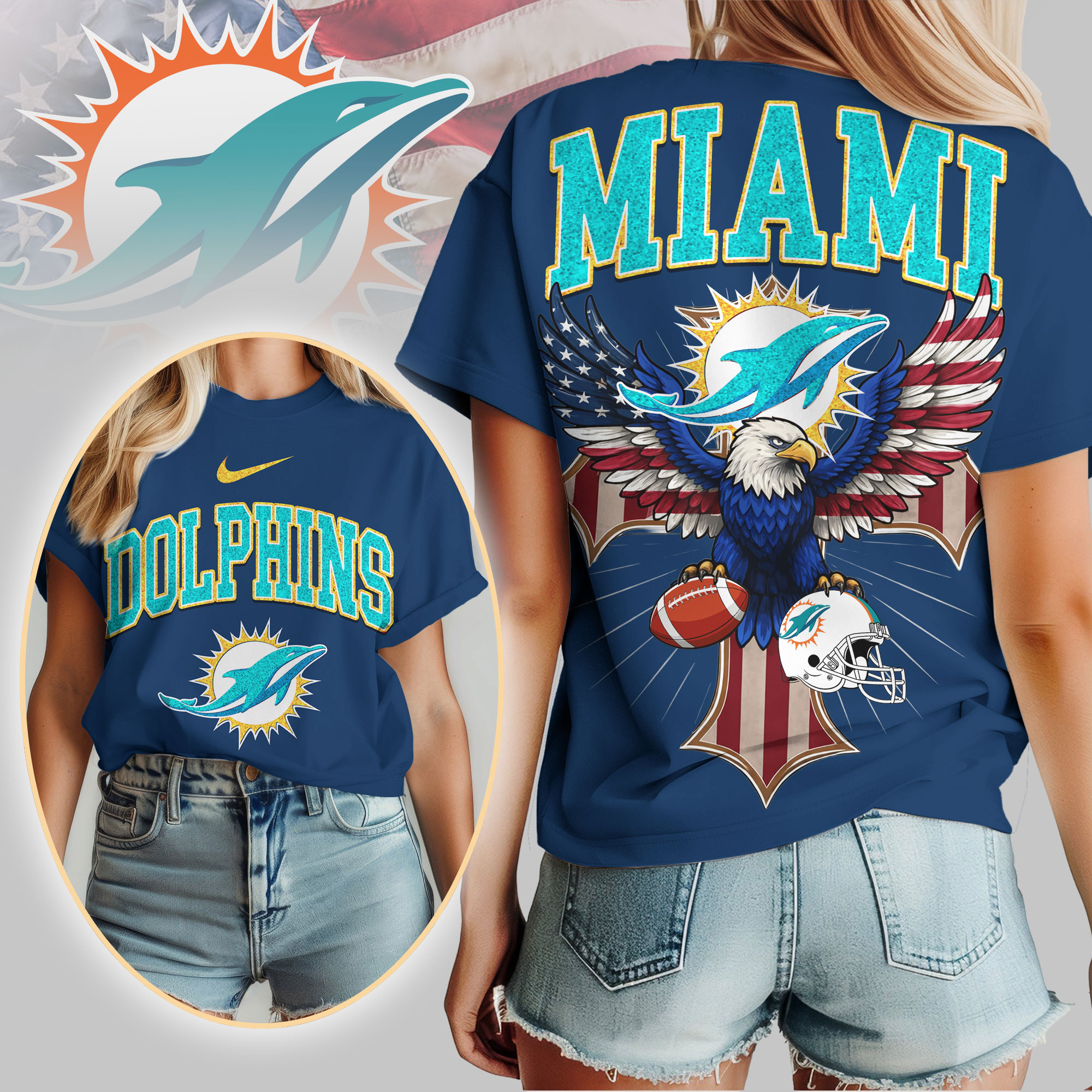 Miami Dolphins | Premium NFL Freedom Eagle Women Shirt - Image 3