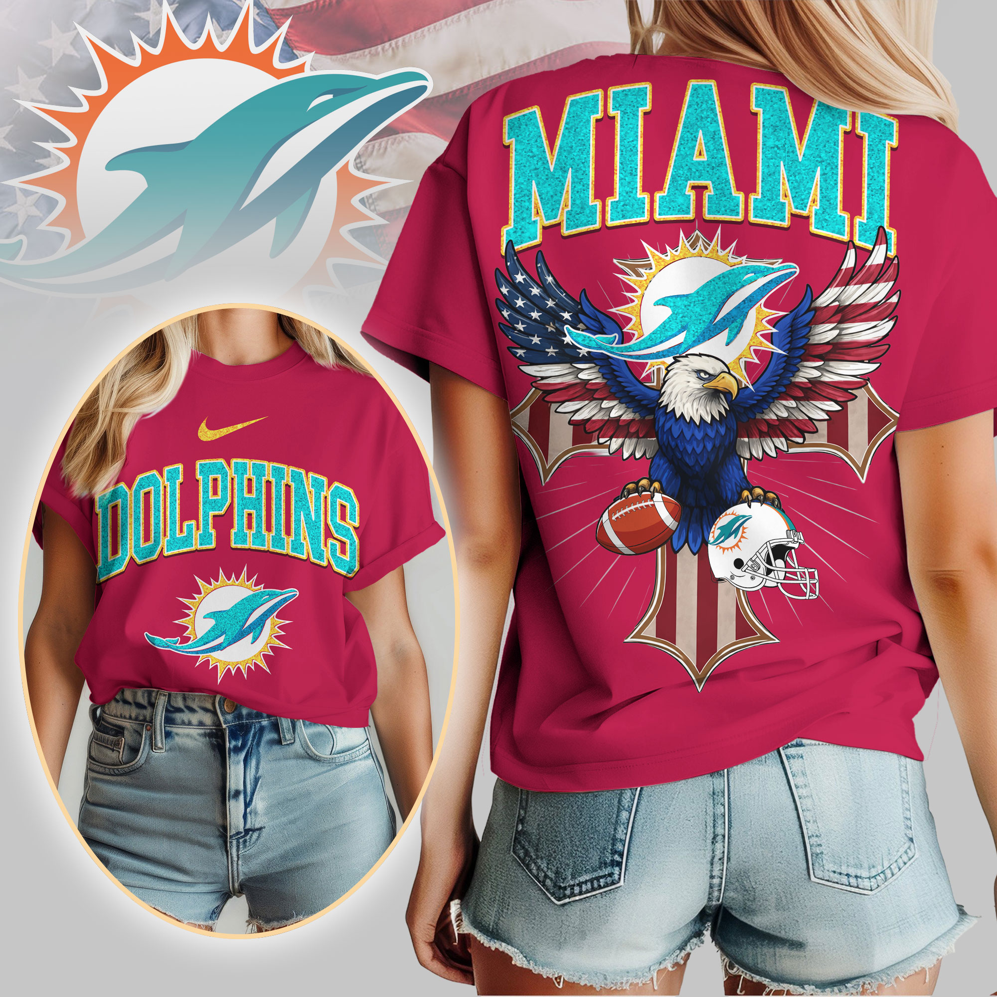 Miami Dolphins | Premium NFL Freedom Eagle Women Shirt - Image 4