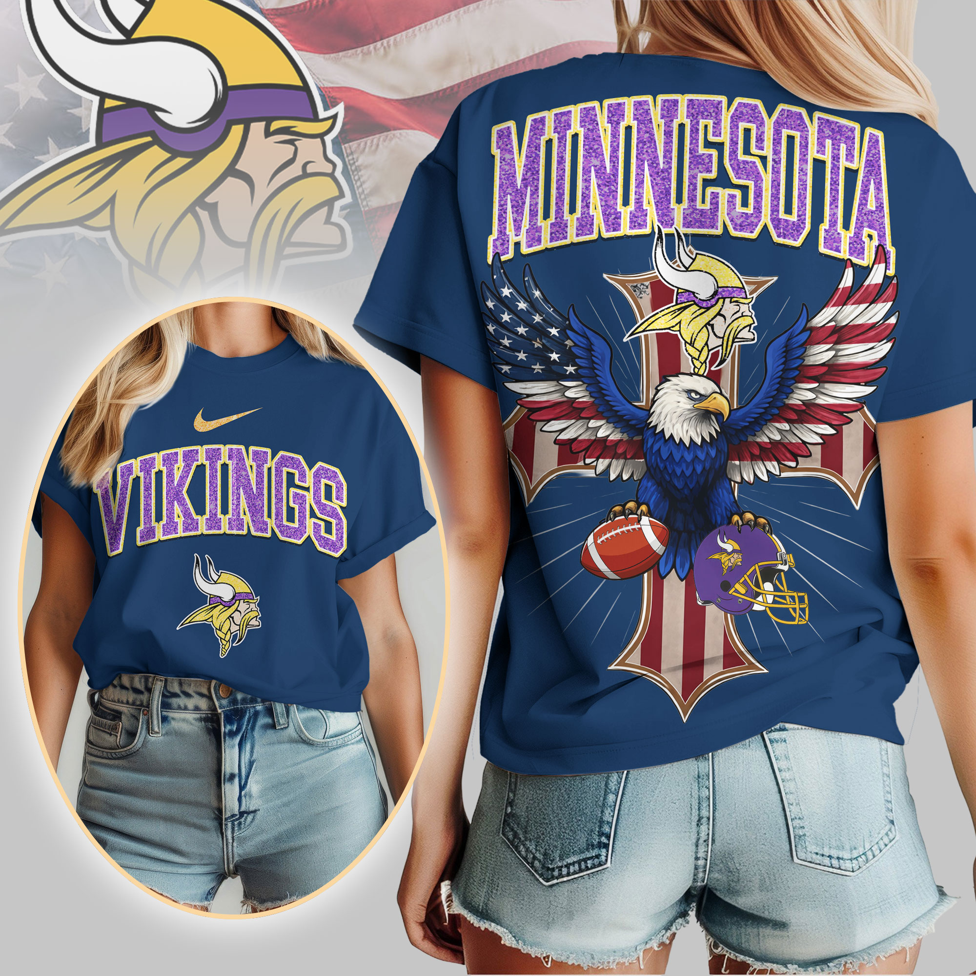 Minnesota Vikings | Premium NFL Freedom Eagle Women Shirt - Image 3