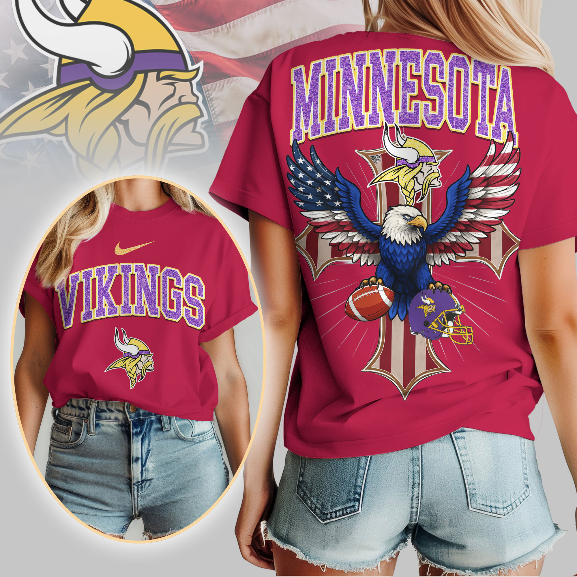 Minnesota Vikings | Premium NFL Freedom Eagle Women Shirt - Image 4