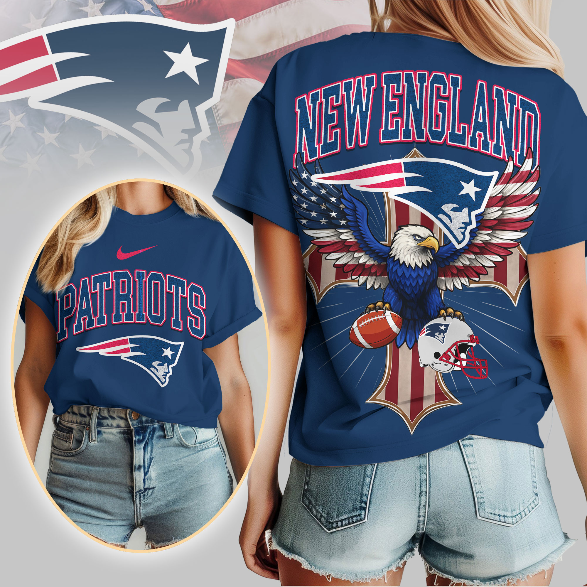 New England Patriots | Premium NFL Freedom Eagle Women Shirt - Image 3