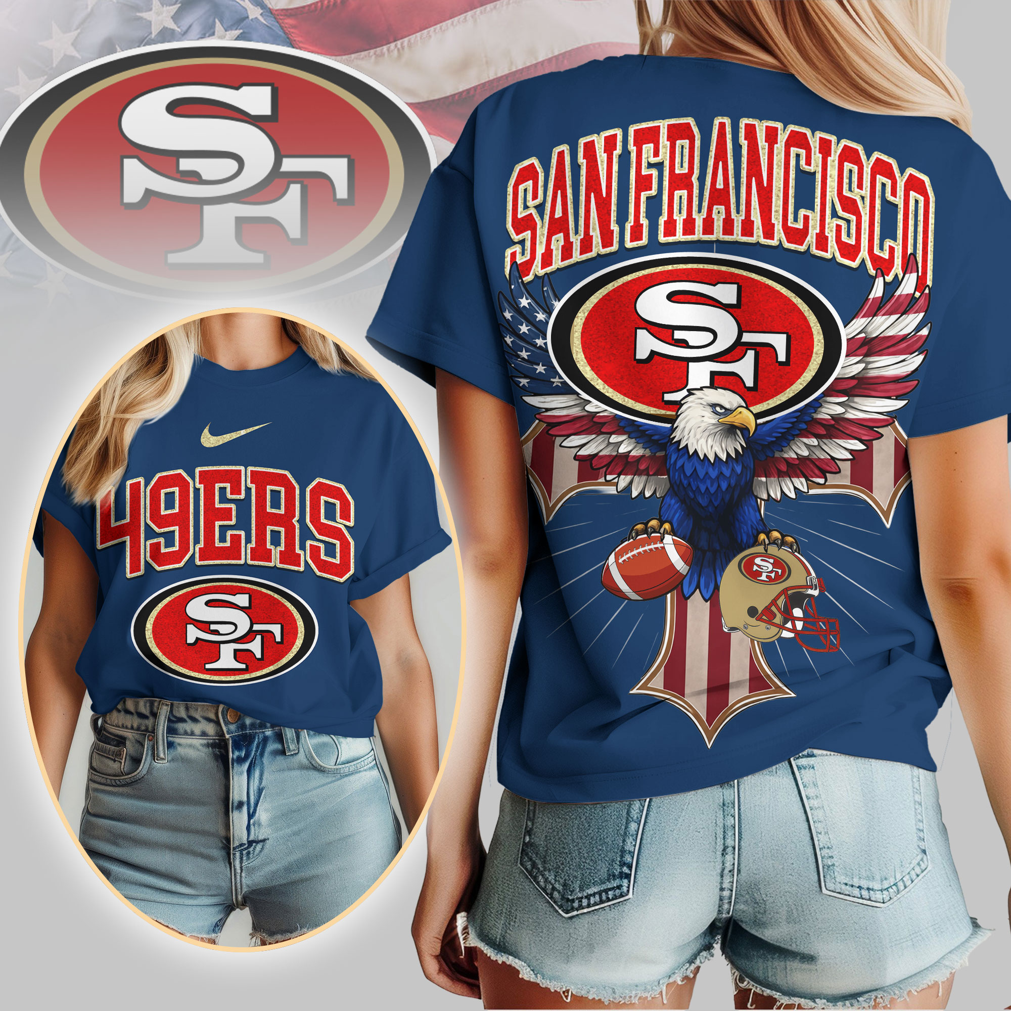 San Francisco 49ers | Premium NFL Freedom Eagle Women Shirt - Image 3