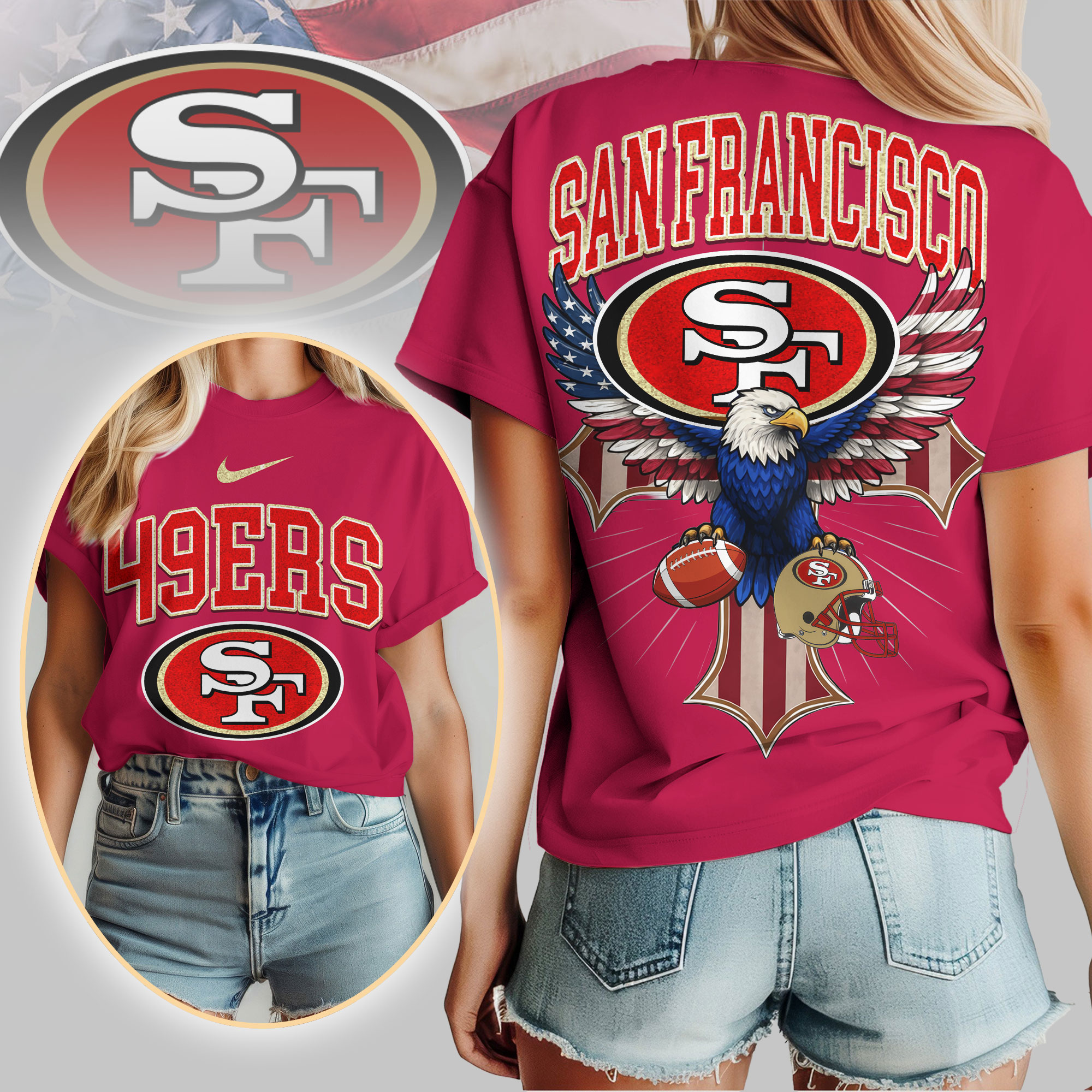 San Francisco 49ers | Premium NFL Freedom Eagle Women Shirt - Image 4