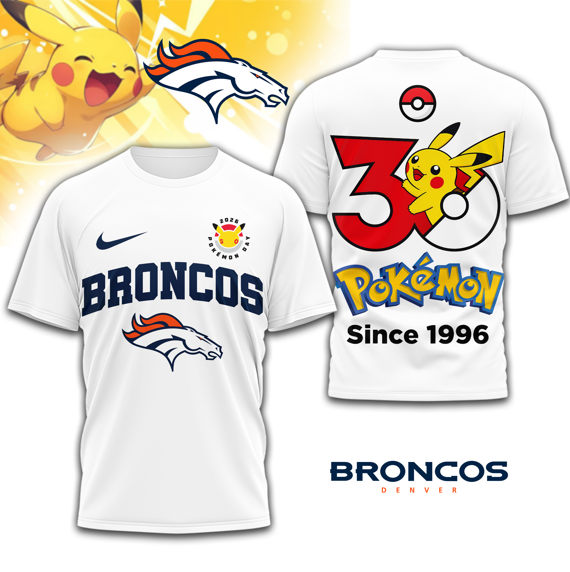 Denver Broncos | Premium NFL Pokemon 30th Anniversary 3D Shirt