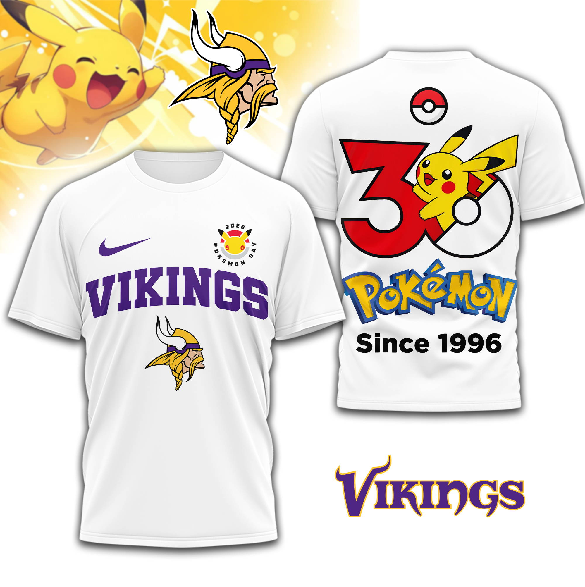 Minnesota Vikings | Premium NFL Pokemon 30th Anniversary 3D Shirt