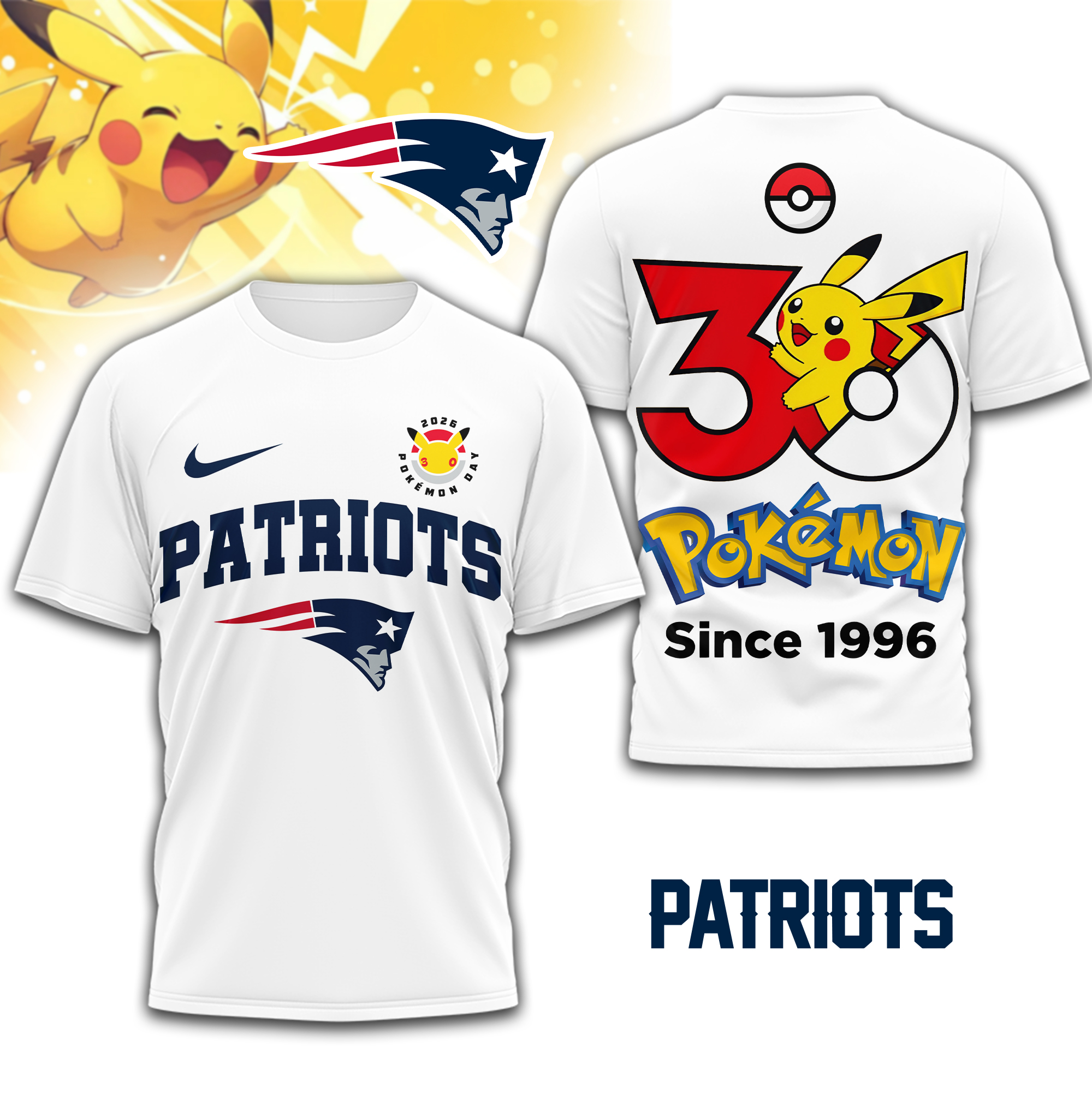 New England Patriots | Premium NFL Pokemon 30th Anniversary 3D Shirt