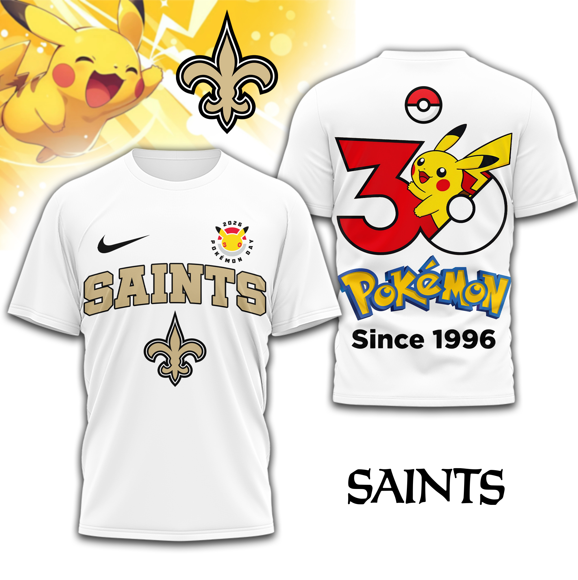 New Orleans Saints | Premium NFL Pokemon 30th Anniversary 3D Shirt