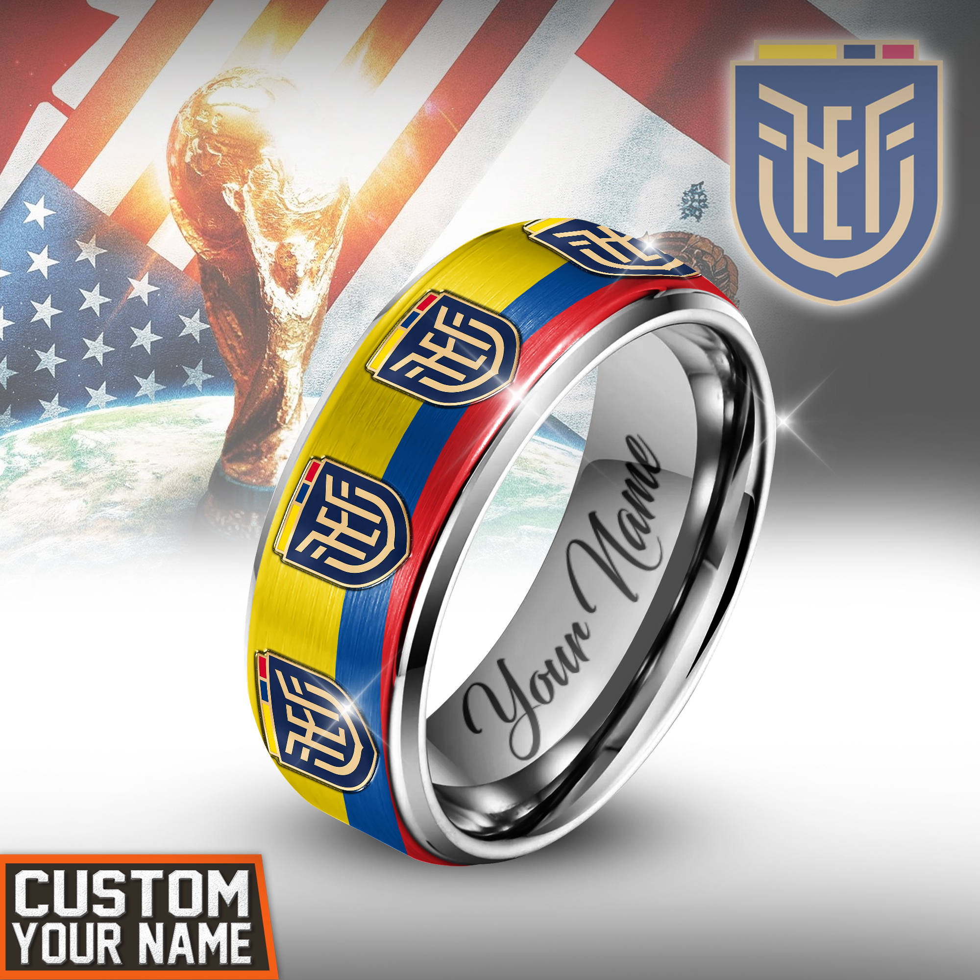 Ecuador | Premium WC26 National Team Silver Tungsten Ring