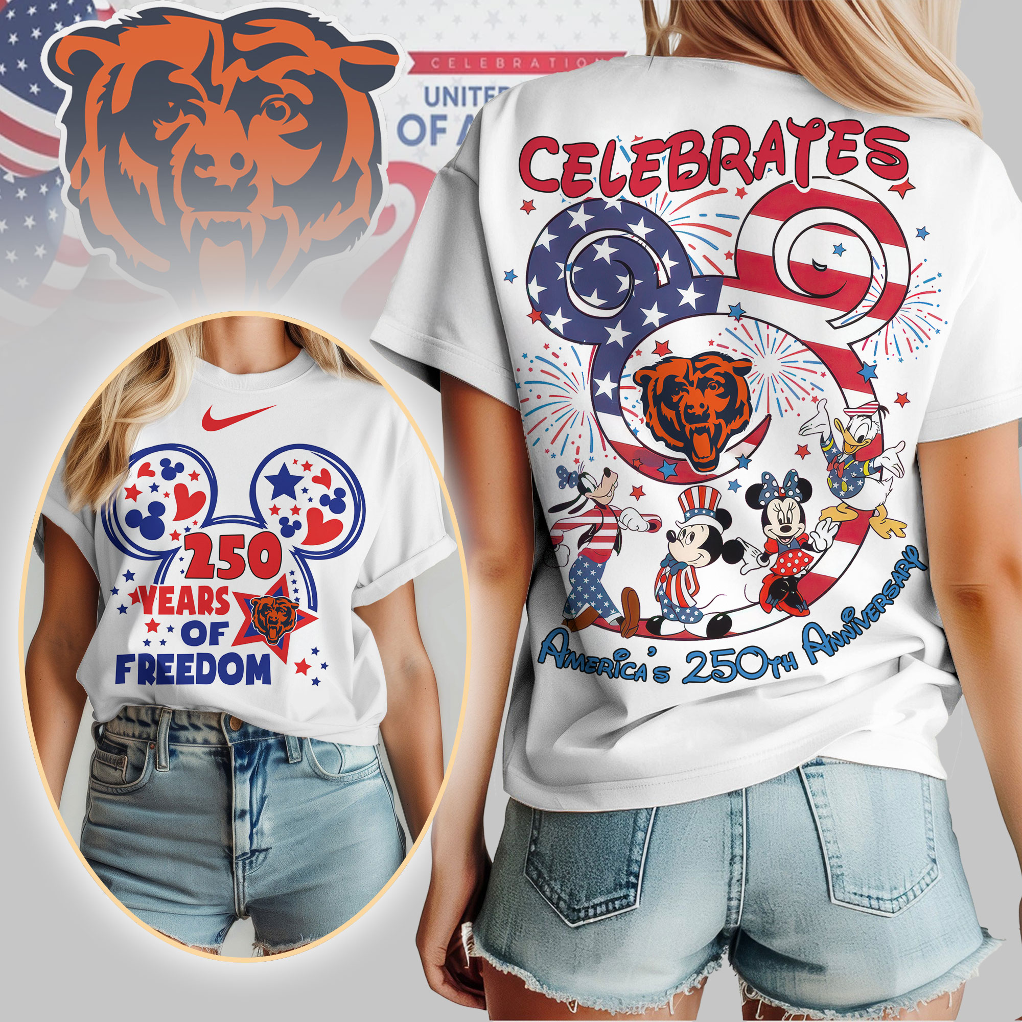 Chicago Bears | Premium NFL Mickey Celebrates America 250th Anniversary Women Shirt