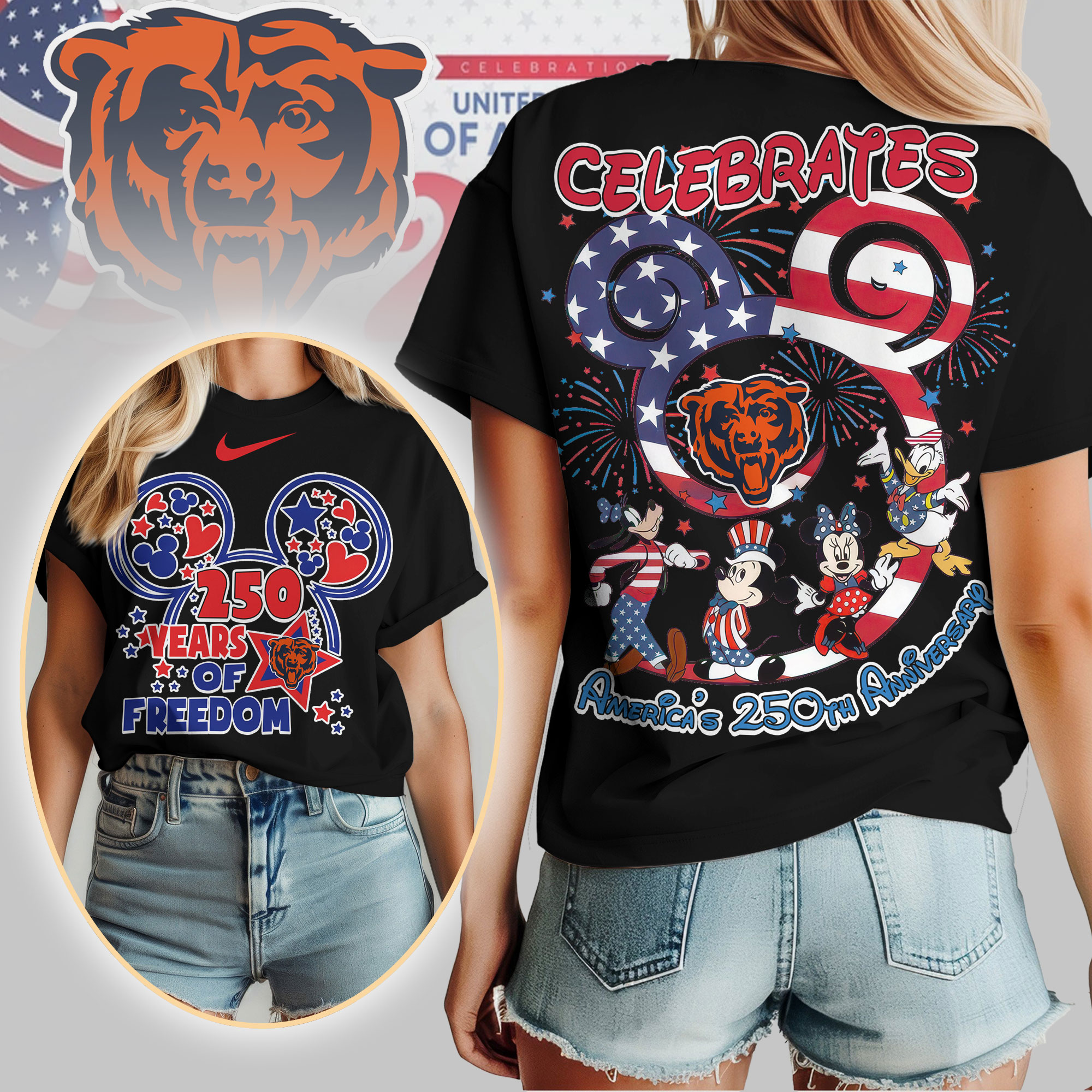 Chicago Bears | Premium NFL Mickey Celebrates America 250th Anniversary Women Shirt - Image 2