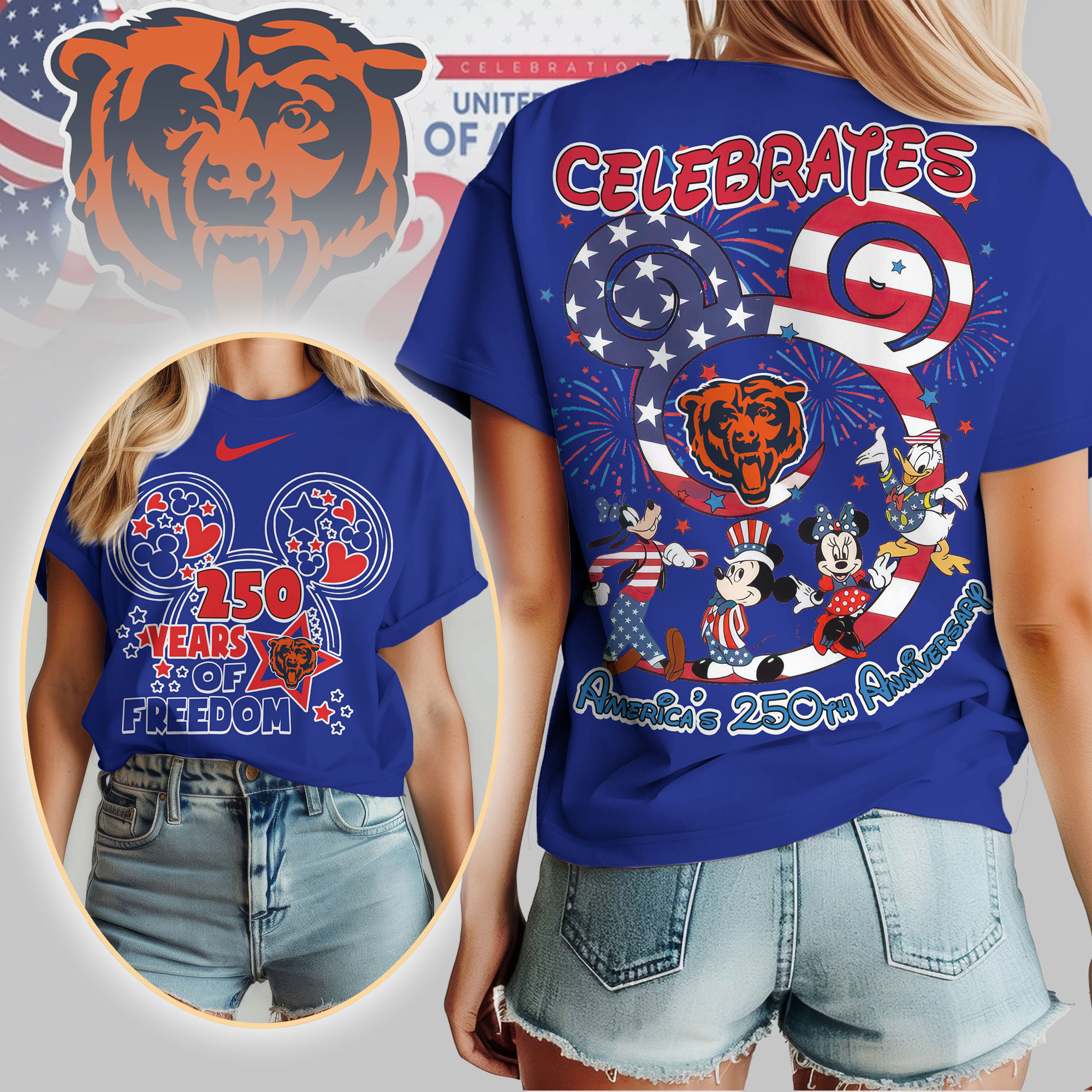 Chicago Bears | Premium NFL Mickey Celebrates America 250th Anniversary Women Shirt - Image 3