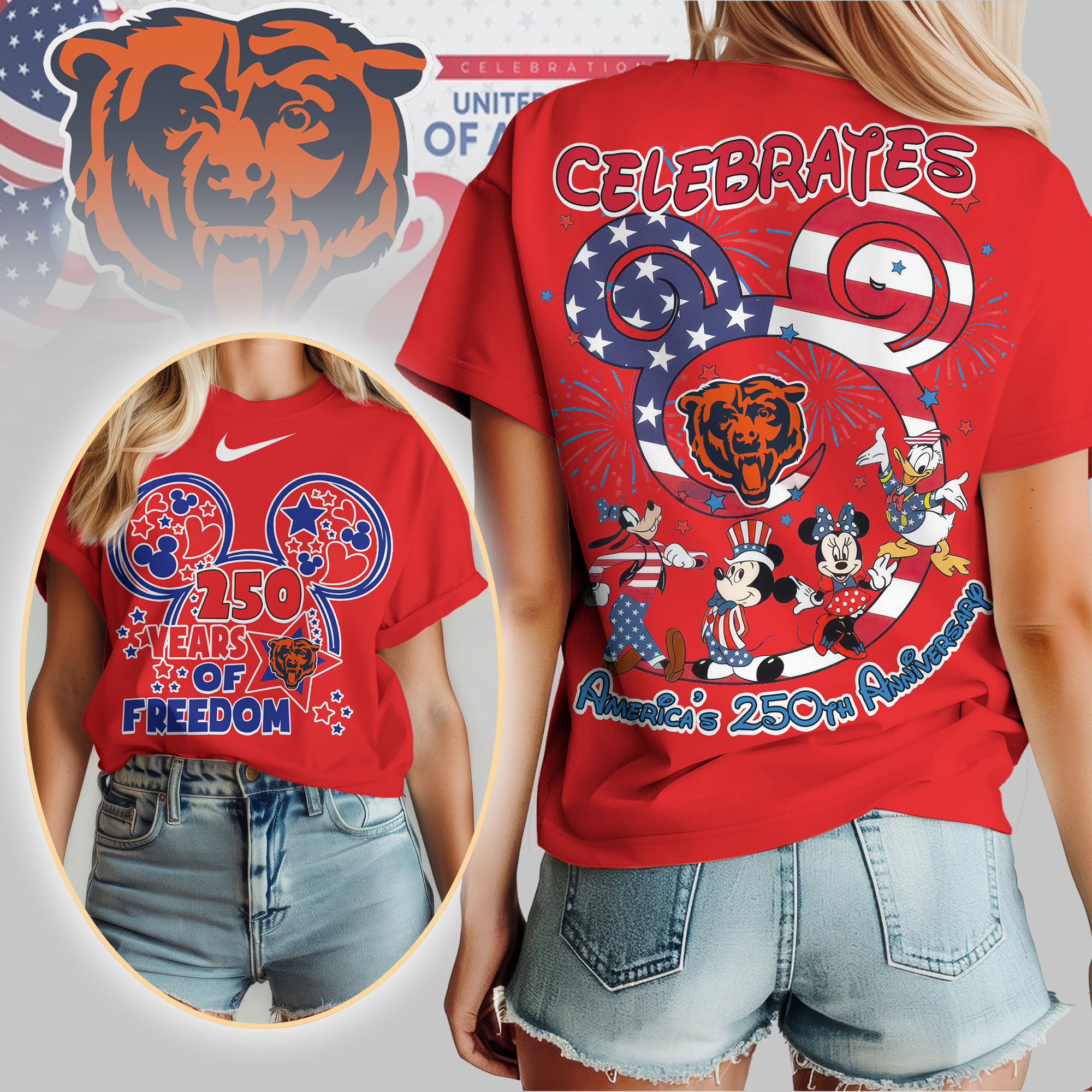 Chicago Bears | Premium NFL Mickey Celebrates America 250th Anniversary Women Shirt - Image 4