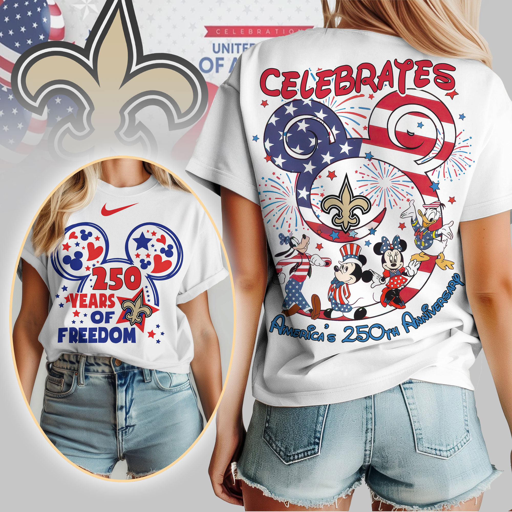 New Orleans Saints | Premium NFL Mickey Celebrates America 250th Anniversary Women Shirt