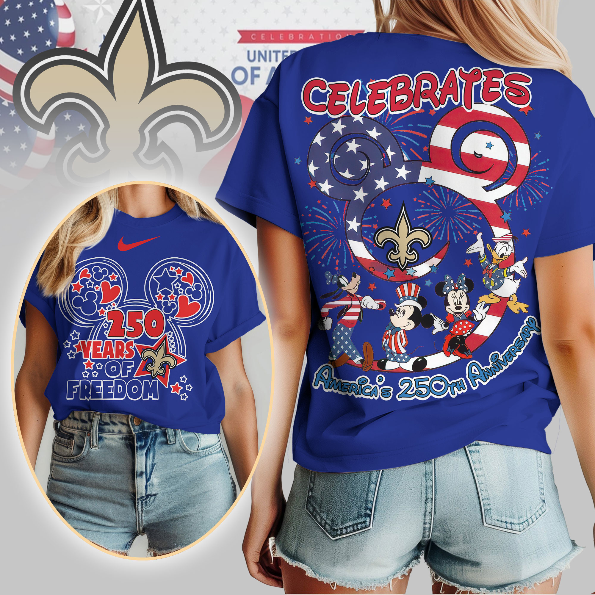 New Orleans Saints | Premium NFL Mickey Celebrates America 250th Anniversary Women Shirt - Image 3