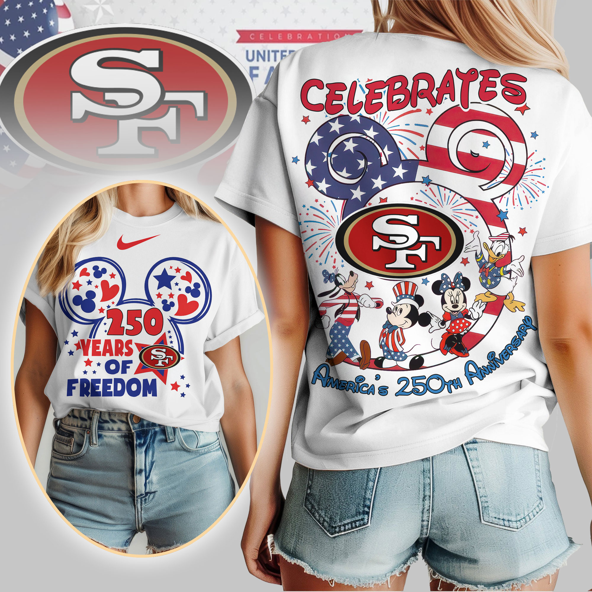 San Francisco 49ers | Premium NFL Mickey Celebrates America 250th Anniversary Women Shirt