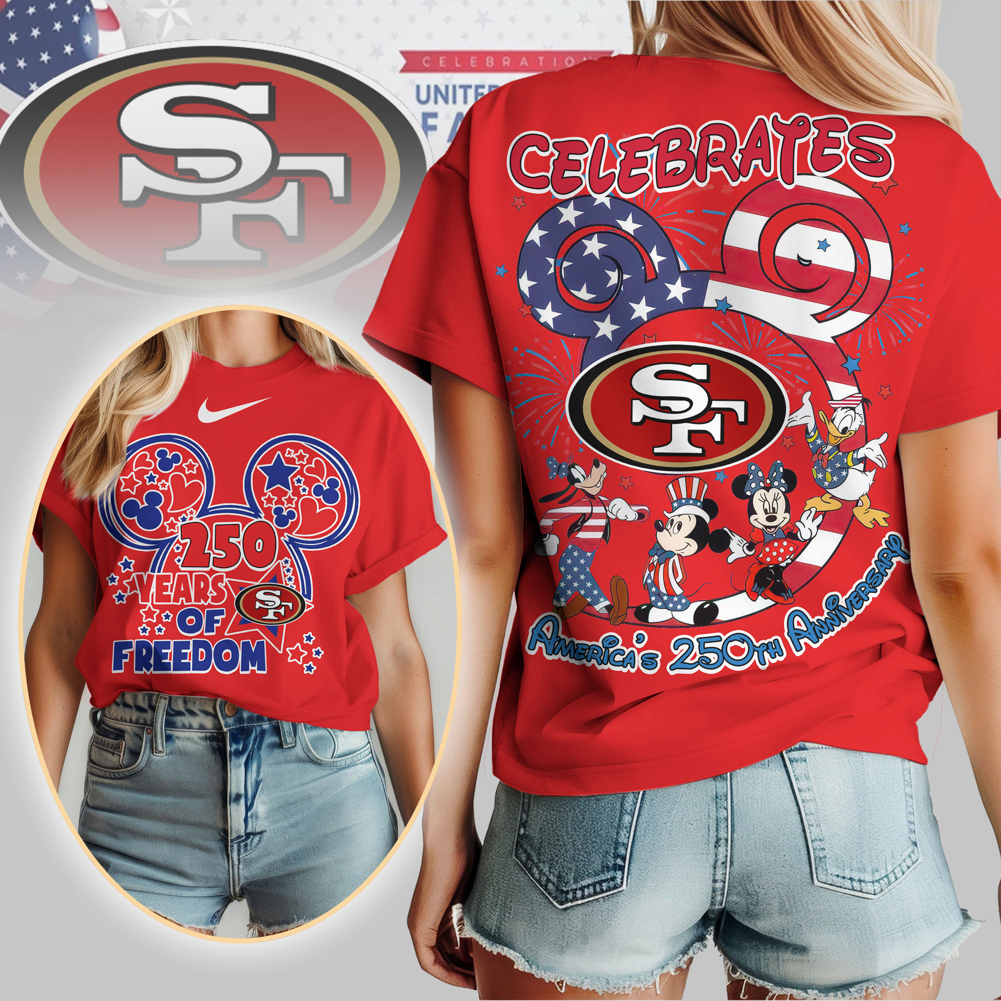 San Francisco 49ers | Premium NFL Mickey Celebrates America 250th Anniversary Women Shirt - Image 4