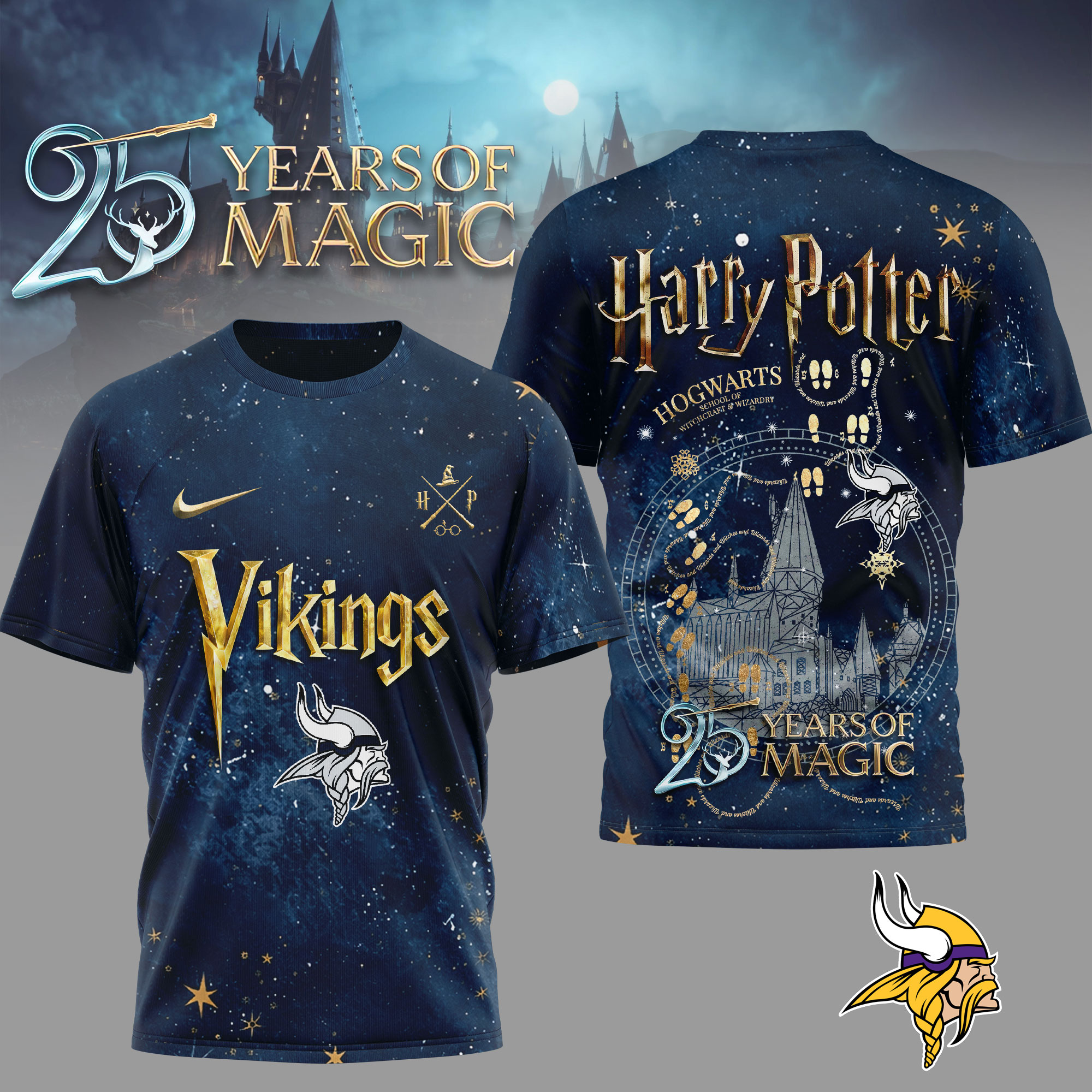Minnesota Vikings | Premium NFL Harry Potter 25 Years Of Magic 3D Shirt