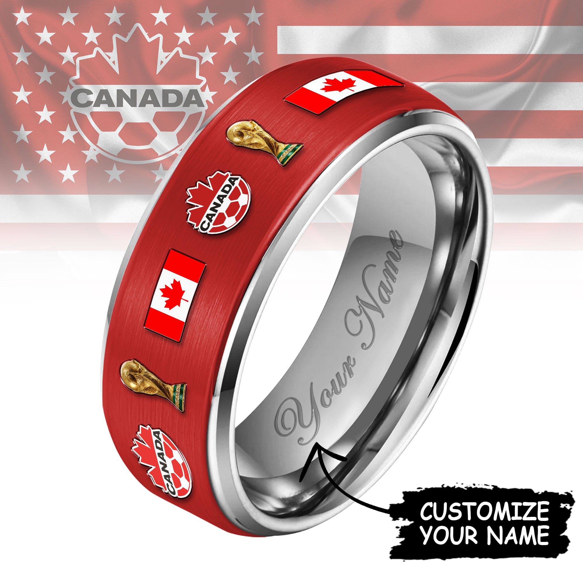 Canada | Premium WC26 National Football Team Silver Tungsten Ring