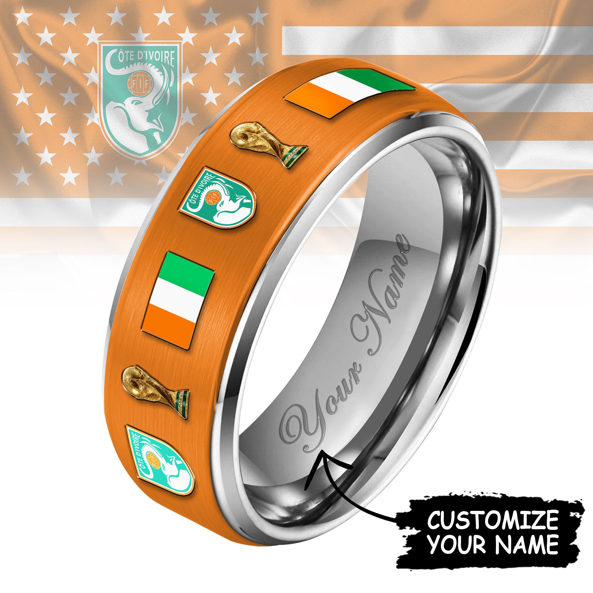 Côte d'ivoire | Premium WC26 National Football Team Silver Tungsten Ring